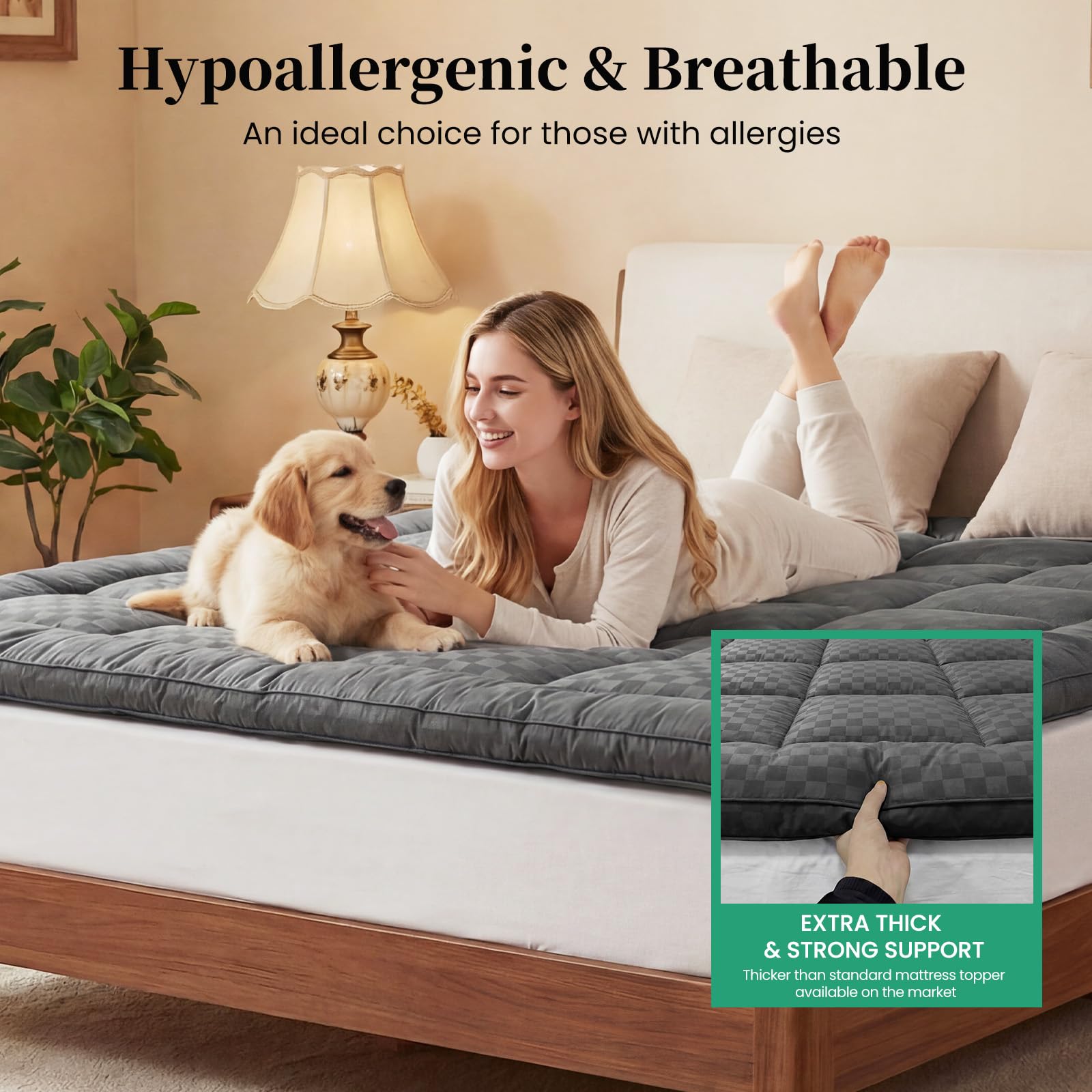 Surmatelas 180x200cm Protège Matelas en Microfibre Respirant, 1000GSM Surmatelas Hypoallergénique avec Sangles Élastiques, Gris