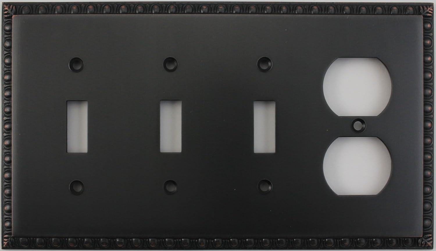 Egg & Dart Oil Rubbed Bronze 4 Gang Combo Switch Plate - 3 Toggle Light Switches 1 Duplex Outlet