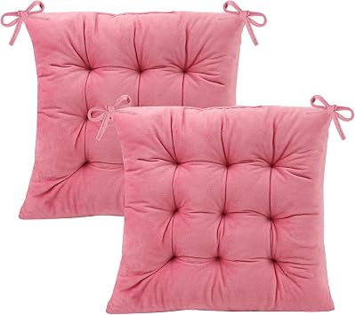 2 Pack Square Seat Cushion Chair Pads for Kitchen Dining Chairs, Soft Comfort Velvet Chair Mat Pillow Cushions with Ties for Office Desk Living Room Tatami 15.5, Pink