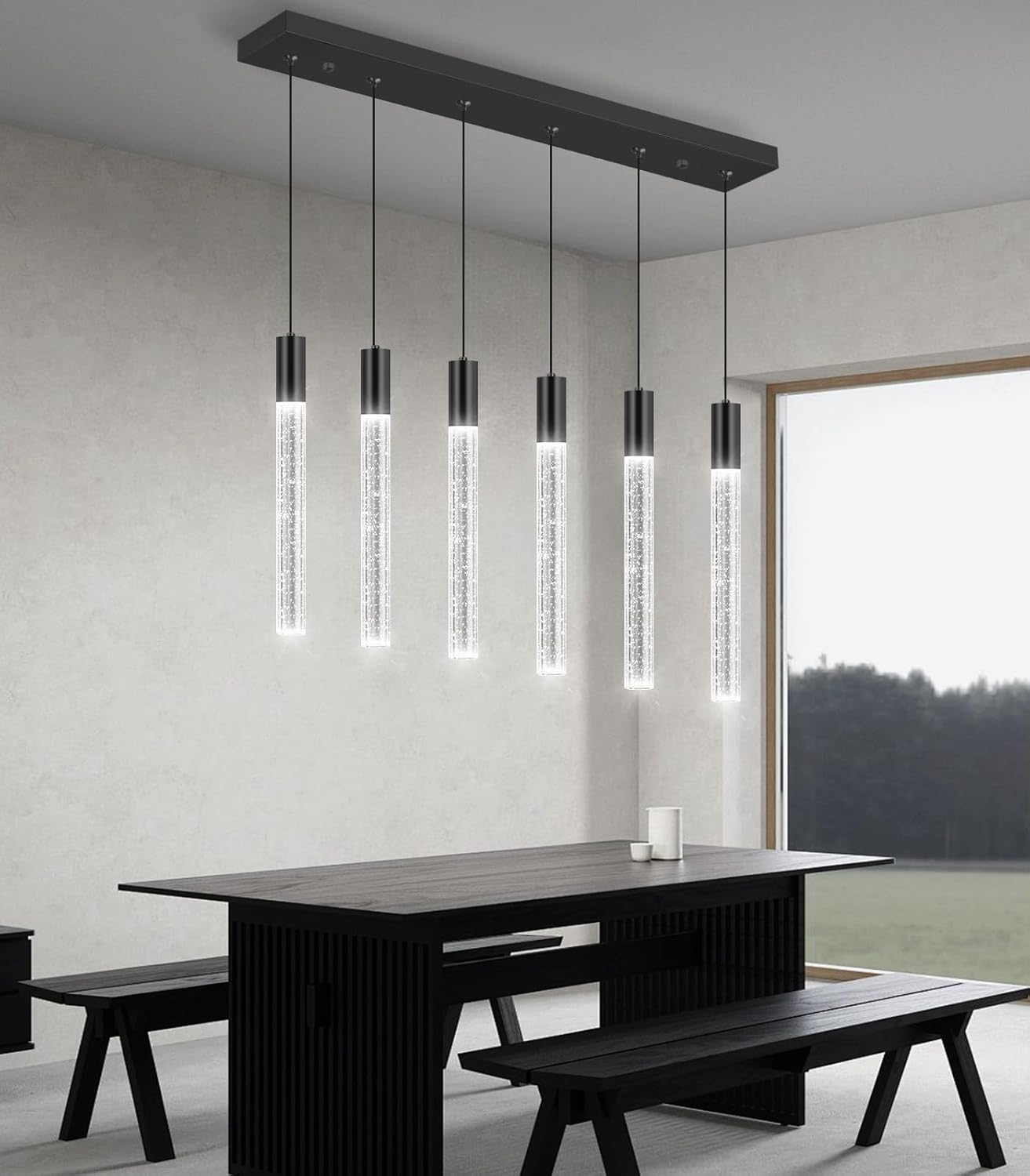 6 Lights Rectangular Crystal Pendant Lights for Kitchen Island LED Dimmable Light Modern Chandeliers Lighting Fixtures for Dining Room Bedroom Hanging Light Black
