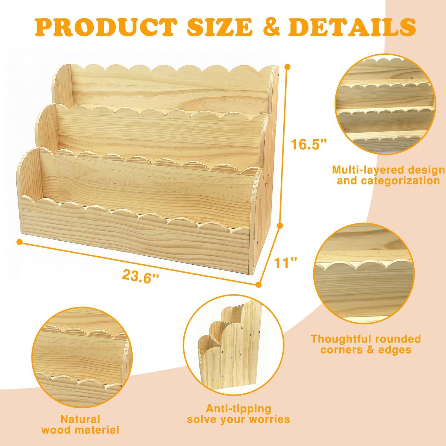 Scalloped Bookshelf for Kids, 3-Tier Small Kids Bookshelf & Baby Book Case, Solid Wood Book Organizer Montessori Toddler Bookshelf for Nursery, Playroom & Kids Rooms (Natural, 23.6*16.5*11in)