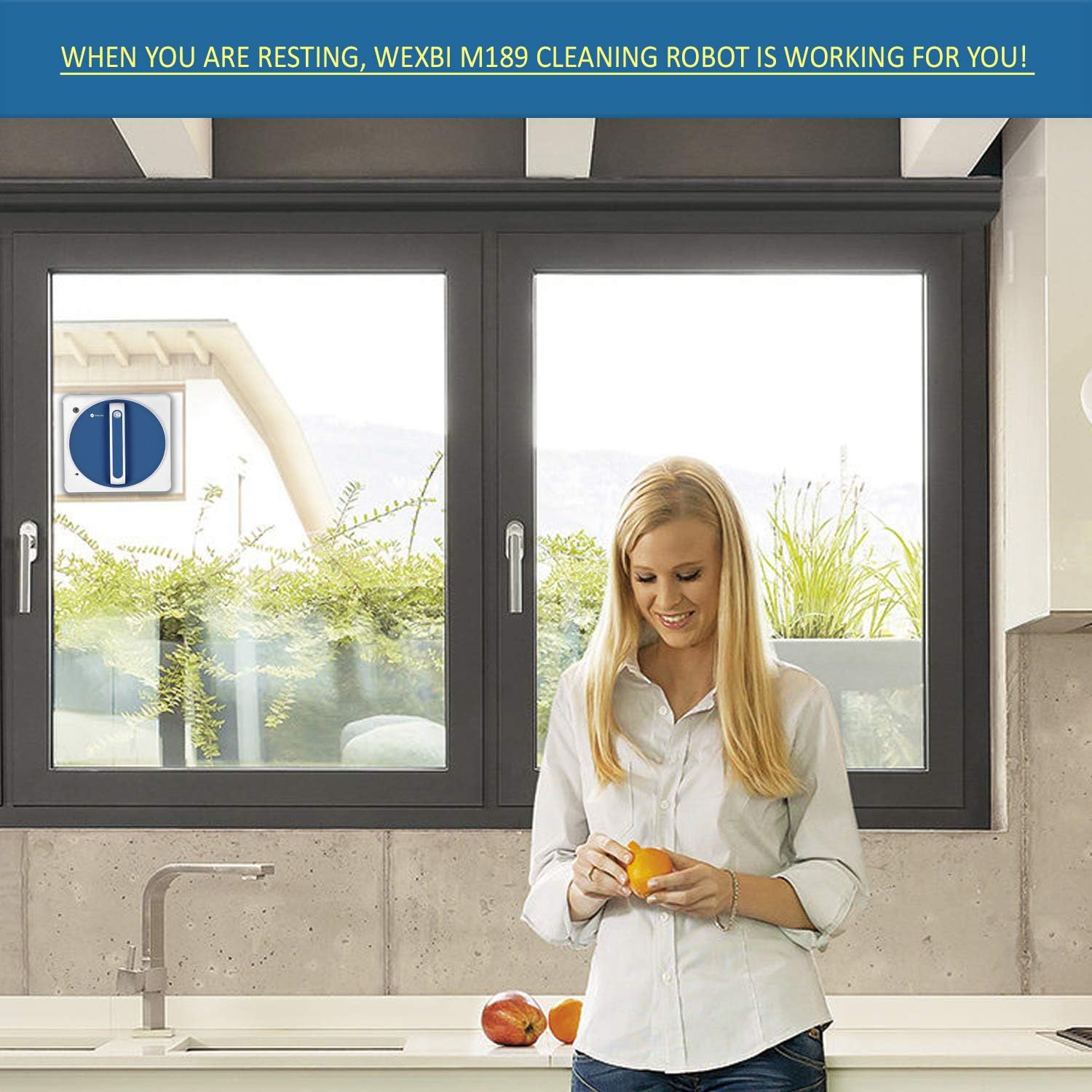 Wexbi W189 robot cleaning an indoor window