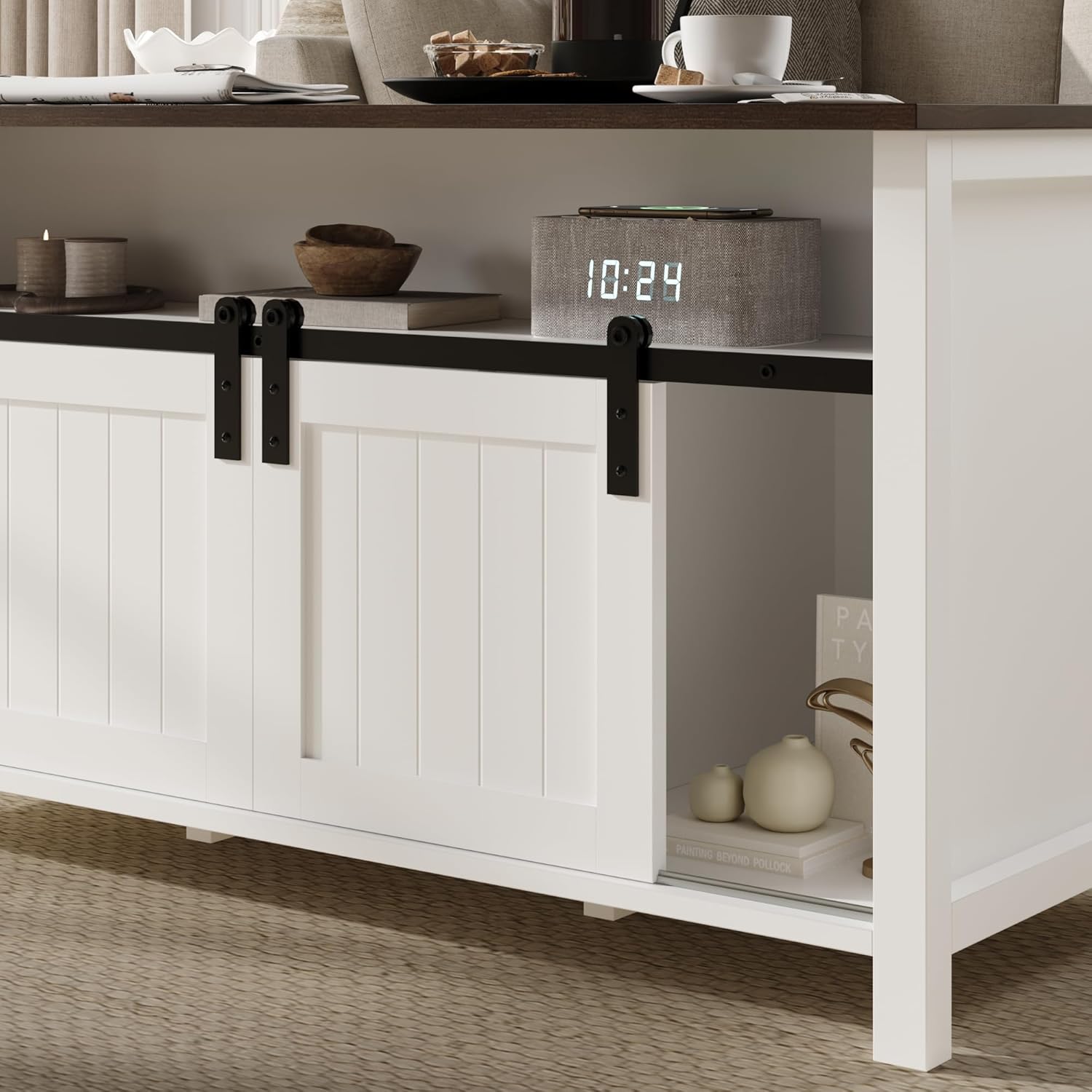 MHOM Farmhouse Coffee Table with Storage, Rustic Living Room Table with Sliding Barn Doors & Hidden Compartment, Wooden Center Table for Living Room, White