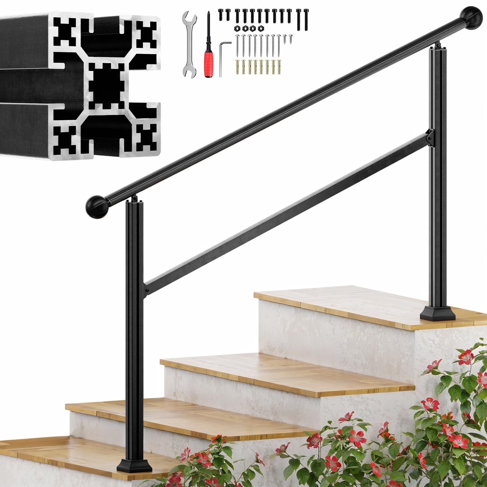 4 Steps Handrails for Outdoor Steps, Heavy Duty Stair Railing, No Rust Aluminum Hand Porch Railing kit, Adjustable Staircase Handrail for 3 to 4 Steps, Sturdy Hand Rails for Outdoor Concrete Steps
