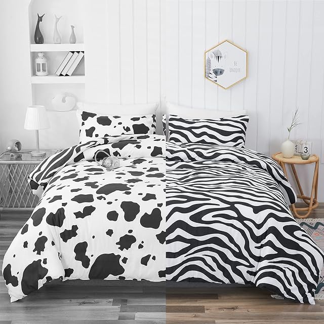 TEALP Double Bedding Sets Black and White Cow & Zebra Duvet Cover Reversible with 2 Pillow Cases(200 * 200, Double)