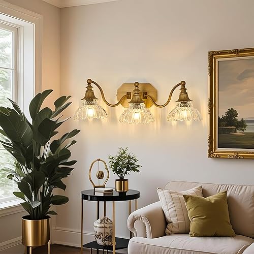 Miniatura 7 de Vintage Bathroom Light Fixture Brushed Gold Vanity Light with Crystal Glass Shade Antique Brass 3 Light Bathroom Light Over Mirror