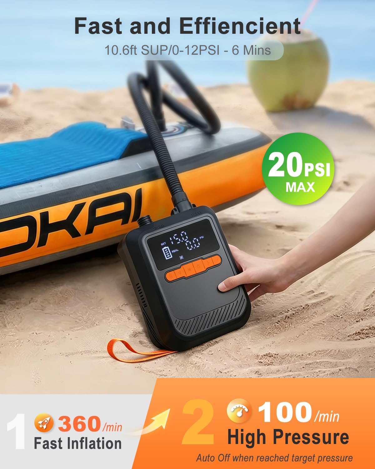 Mojimdo Pompa SUP 20 PSI, batteria da 13.500 mAh, 5 modalità, USB-C, 12 V | Doppio gonfiaggio rapido, pressione personalizzata, spegnimento automatico, 6 ugelli, funzione di aspirazione e luce