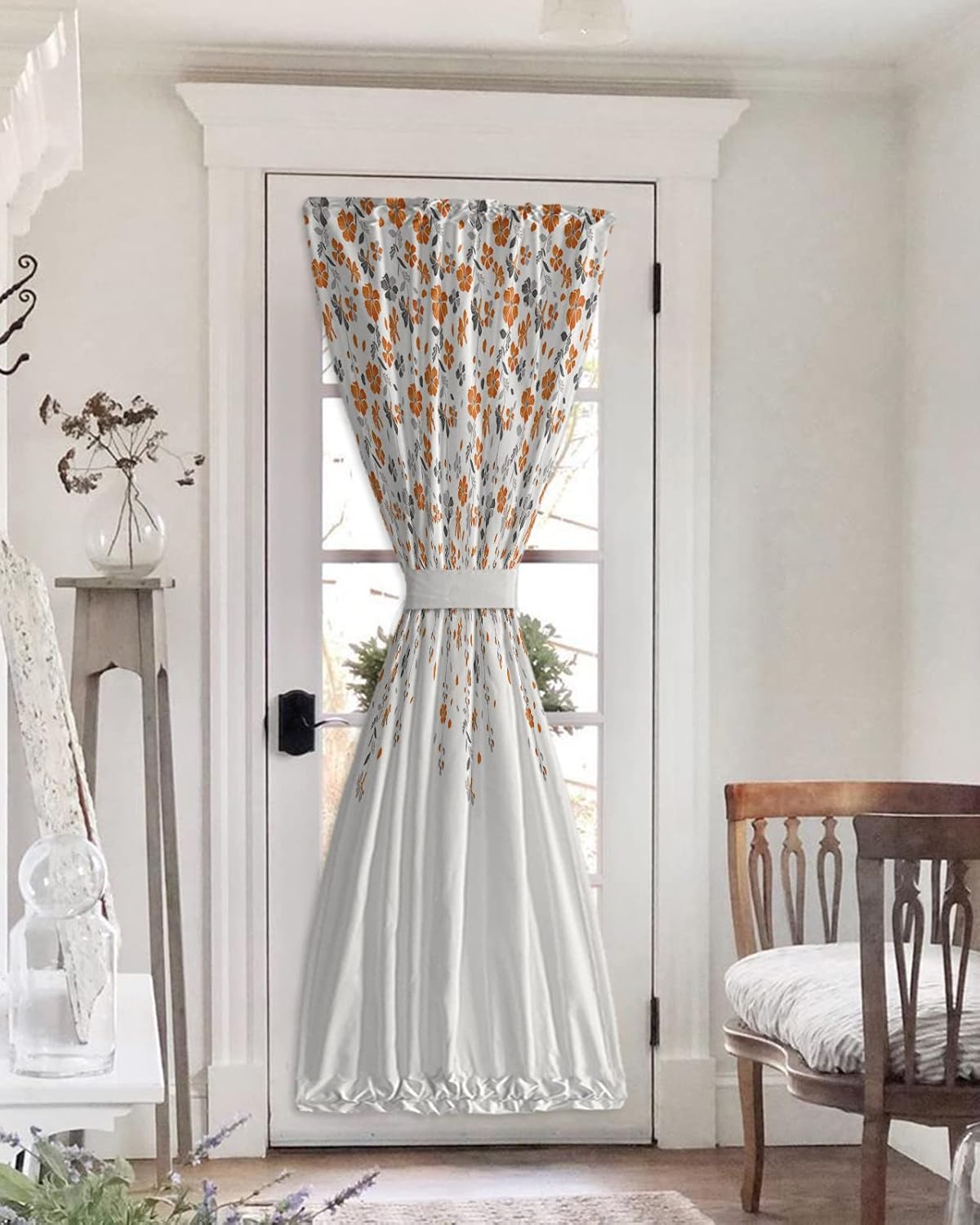 Orange Flower Black Out French Door Curtains for Door Window, Rod Pocket Door Drapery Curtain Panel with Tiebacks for Sidelight Front Back Patio Doors, Summer Grey Plant Floral White 54"x72"