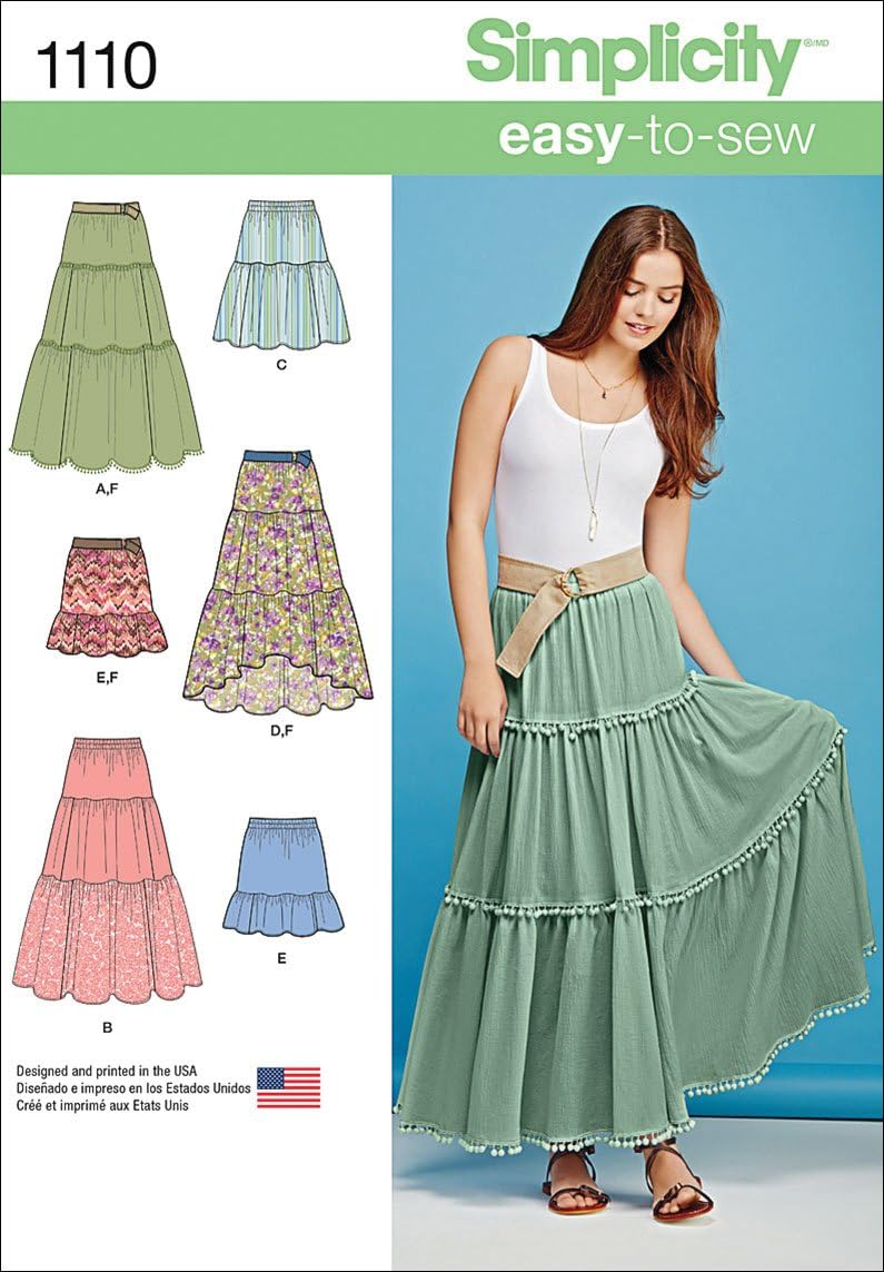Sewing Pattern 1110: Misses' Tiered Skirt with Length Variations, Size: A (XXS-XS-S-M-L-XL-XXL), Paper, White