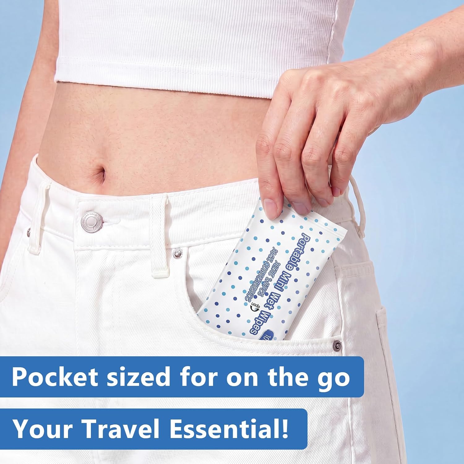 240 Pcs Travel Wipes 24 Pack 100% Water Wet Mini Wipes Individually Wrapped Travel Size Hand Wipe Unscented and Safe for Skin Compact Mini Wipe for Back to School Purses Pockets(Blue Point)