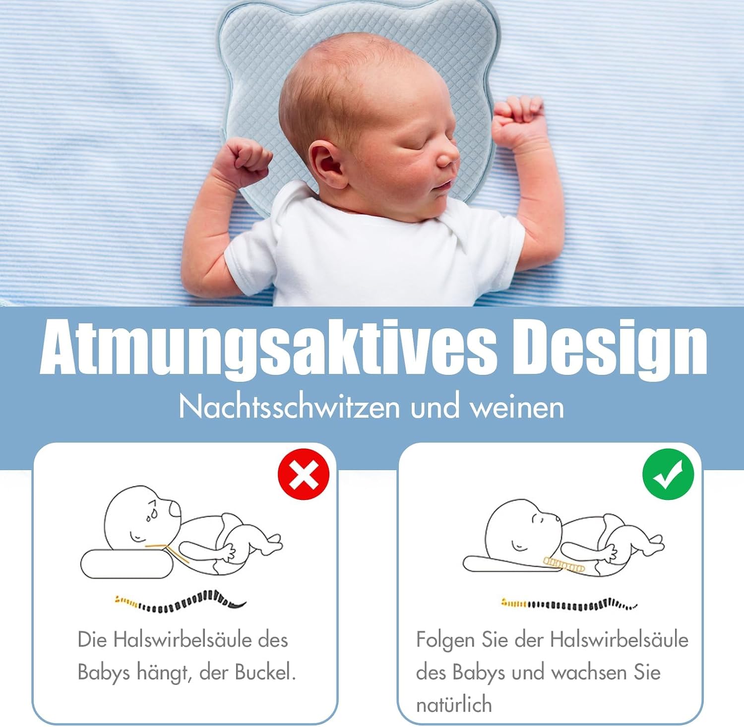 Memory Foam Baby Pillow,Cute Cartoon Bear Soft and Cozy Pillow, Breathable Bedding Set for Infants for Small Boys and Girls Prevent Flat Head