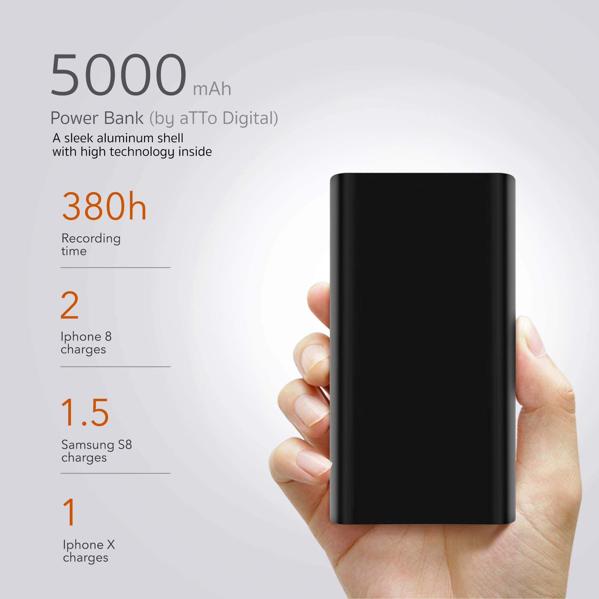 Registratore Vocale per 14 Giorni di Registrazione - 5000 mAh Batteria - Audio Registratore ad Attivazione Vocale - 380 ore Capacita - PoweREC di Atto Digital