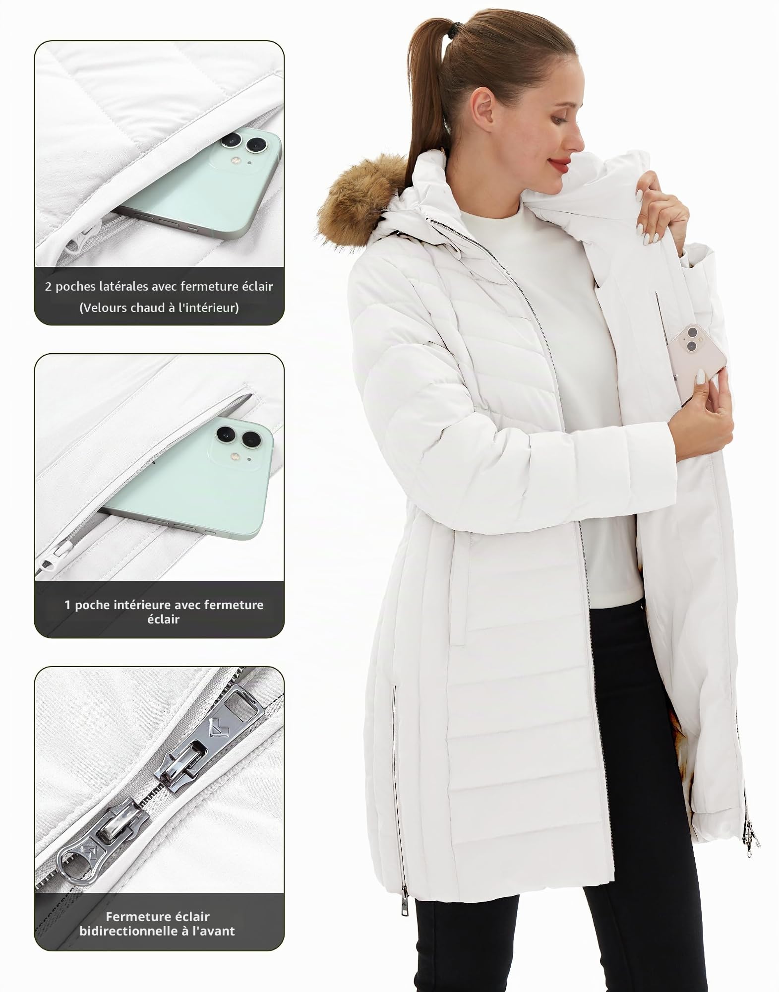 Pioneer Camp Manteau Femme Hiver Chaud avec Capuche Coupe-vent Imperméable Doudoune Longue Veste MatelasséE 2 Zippée Rembourré Manteaux Fermetures Éclair Latérales Parka
