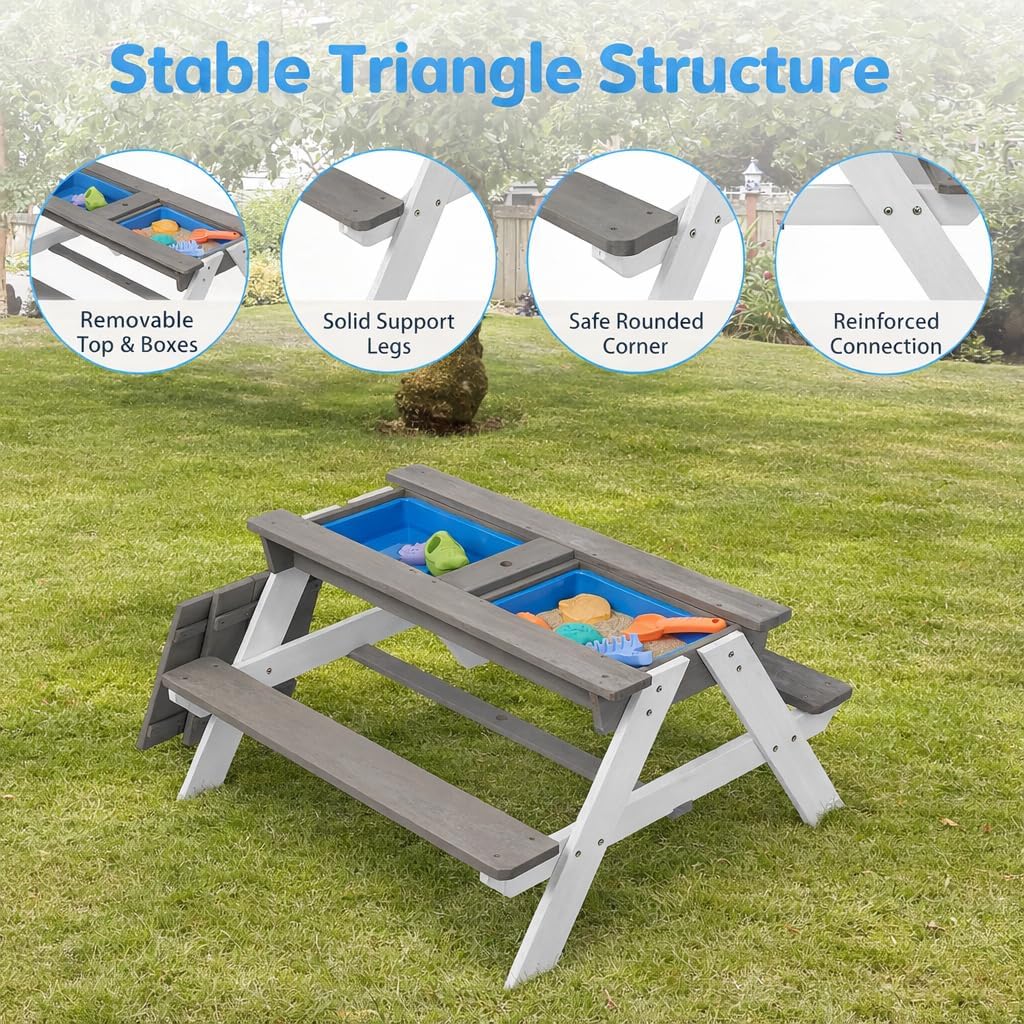 3-in-1 Kids Wooden Picnic Table with Adjustable 43" Umbrella, Convertible Sand & Water Activity Table, Solid Cedar Wood, Water-Based Coating, Seats 4 Ages 3+, Gray