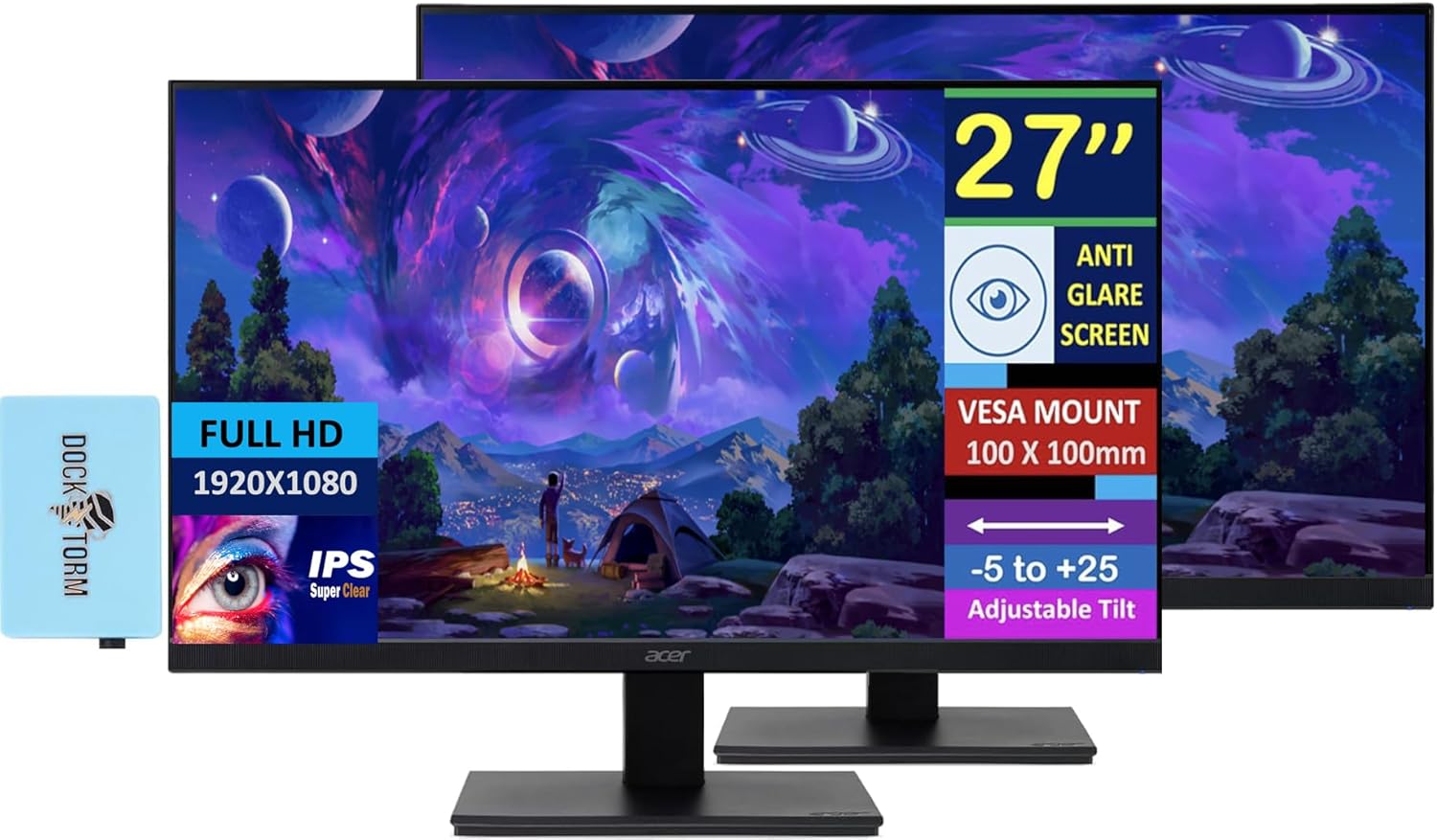 acer 27" IPS FHD (1920 x 1080) Home & Office Monitor w/AMD FreeSync, 4ms RT, 100Hz Refresh, VESA Mount, HDMI, VGA & DKZ Hub Port Expander, (2025 Latest Model) (2-Pack)