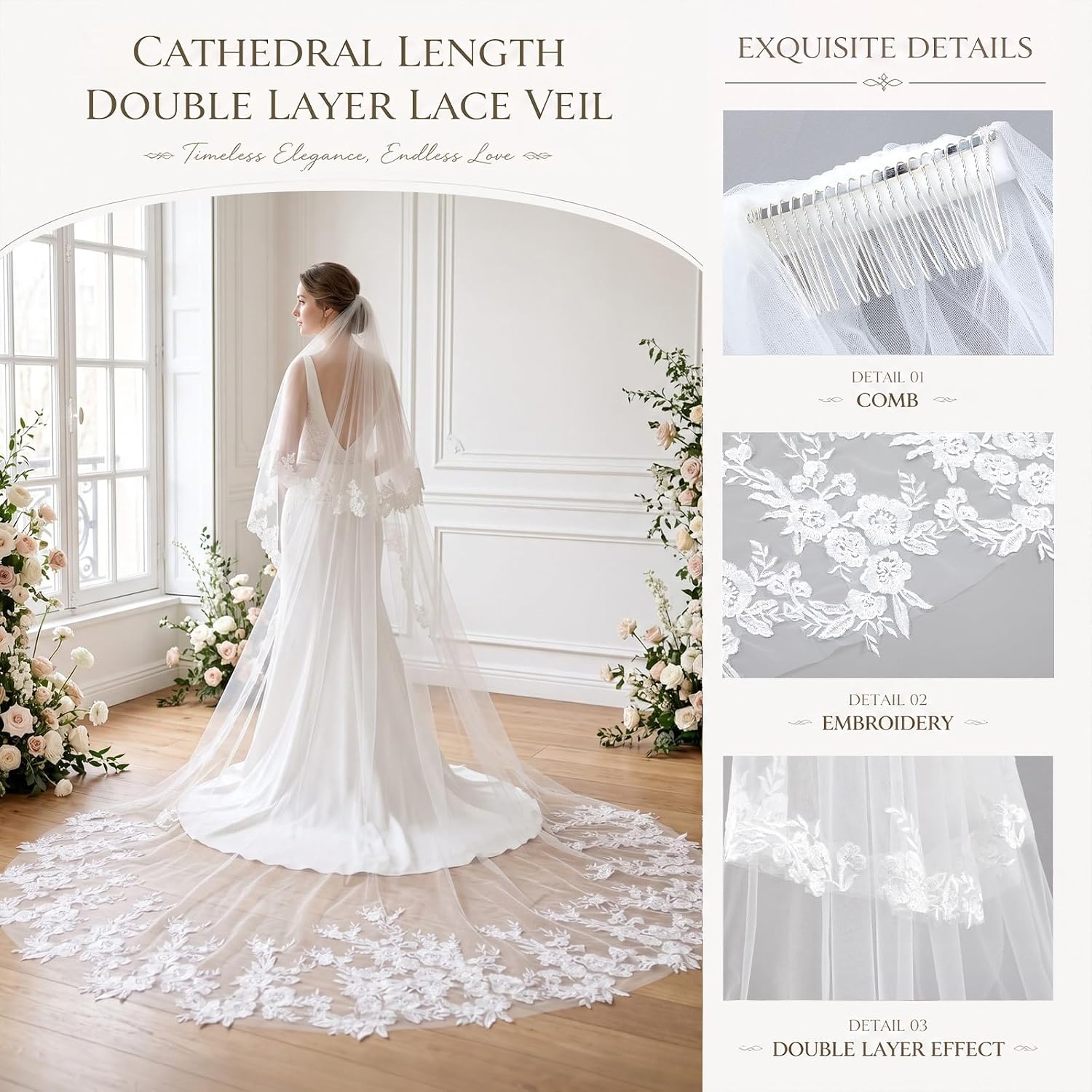 2 Tier Cathedral Wedding Veil Ivory Lace Blusher Metal Comb