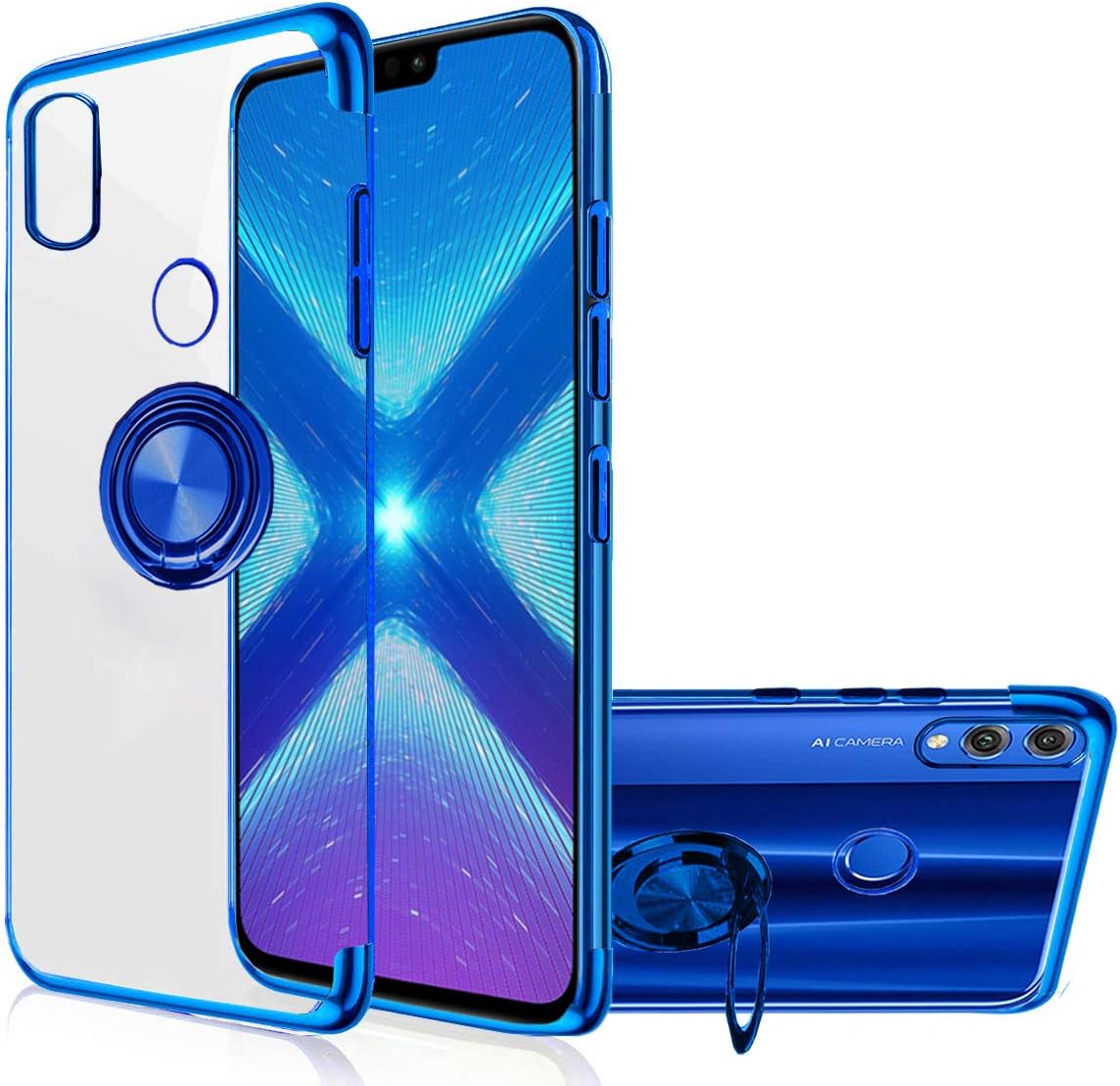 Honor 8X Case [360° Ring Stand] Crystal Clear [Electroplated Edge] Silicone Soft TPU [Shockproof Protection] Thin Cover Compatible with Huawei Honor 8X (Blue, Honor 8X)