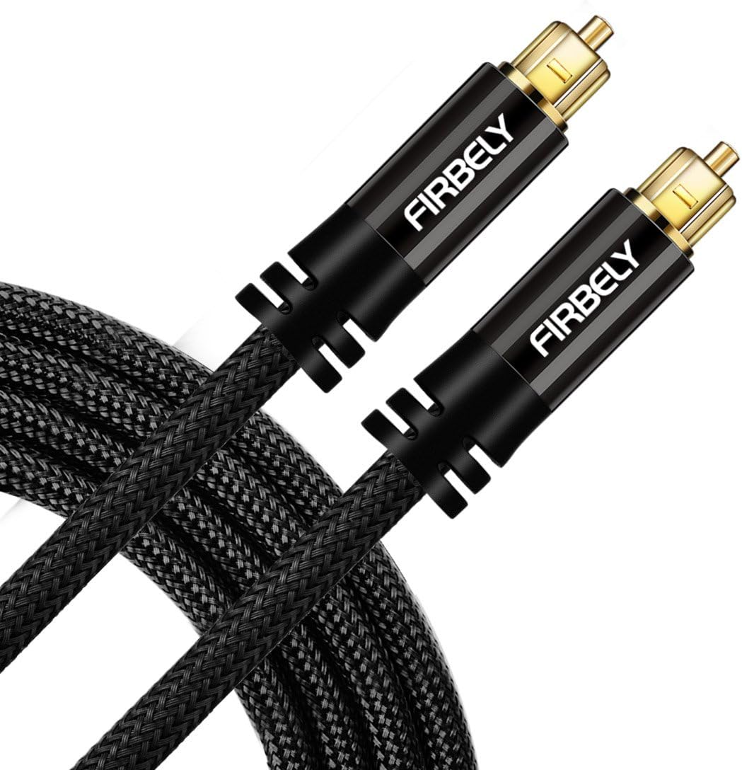 Digital Toslink Cable Optical Audio Cable-S/PDIF Fiber Optic with Metal Connectors Braided Jacket Black Cable for Sound Bar/TV Speakers 8 feet