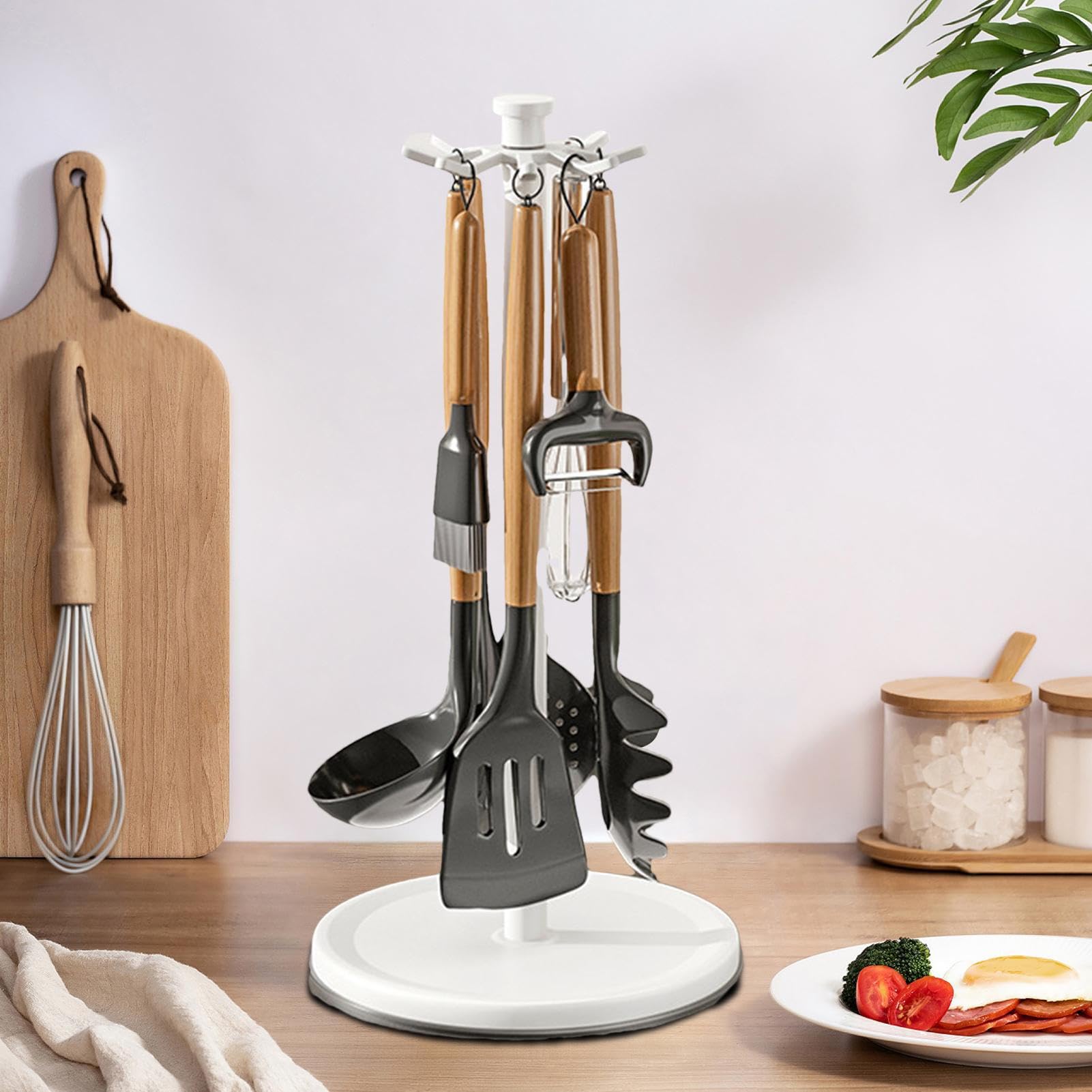 Organizer da cucina girevole a 360°, accessorio stabile per il piano di lavoro, per spatole, fruste e cucina, supporto compatto con 8 ganci per utensili da cucina