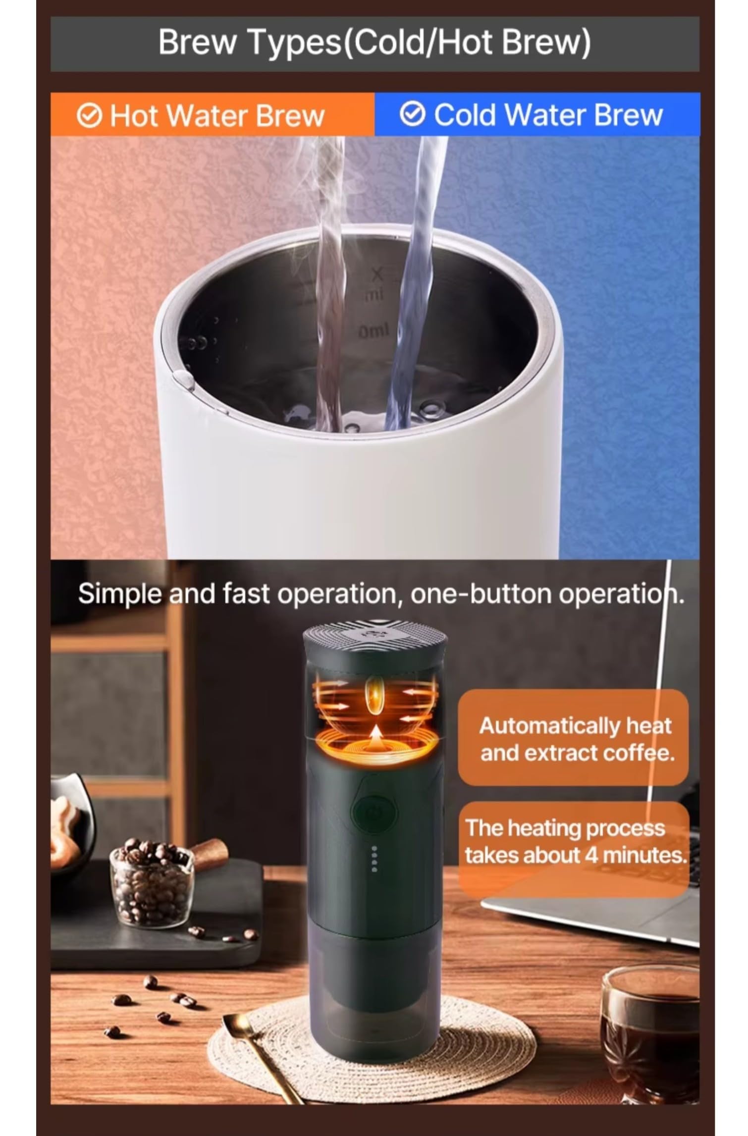Cafetera portátil Cafetera Superautomática café molido y de Cápsulas NS portátil autocalentadora Regalo Ideal para Amantes del Café Máquina de Café Eléctrica Cafetera Mini (Blanco)