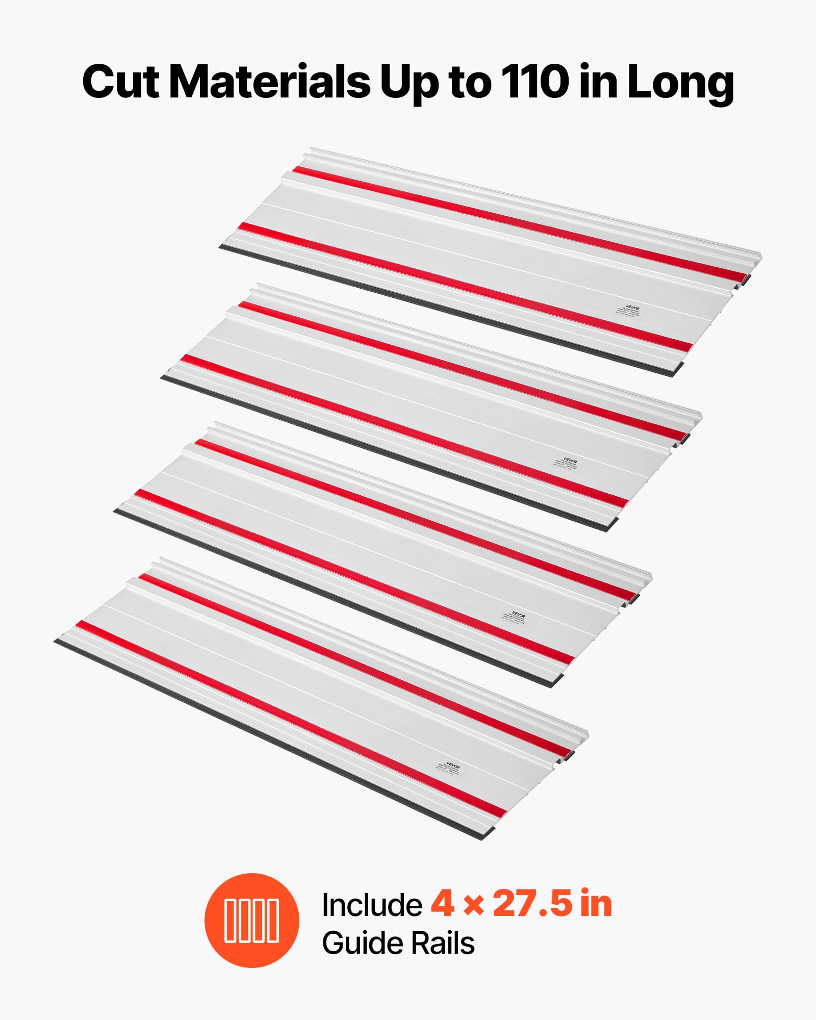 VEVOR Riel Guía para Sierra de Mesa, Rango de Corte de 279,4 cm, Incluye 4 Rieles Guía de Aluminio Extruido de 698,5 mm y 3 Conectores, Compatible con Makita, Festool y WEN, para Carpintería