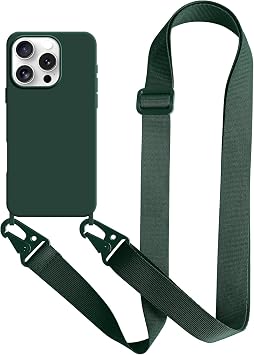 UnnFiko For iPhone 14 Pro Max Case, Neck Strap, Smartphone Case, Fluorescent Color, Silicone, iPhone 14 Pro Max, Simple, Soft, Protective Cover, Mobile Strap Included, Crossbody Design, Midnight Green