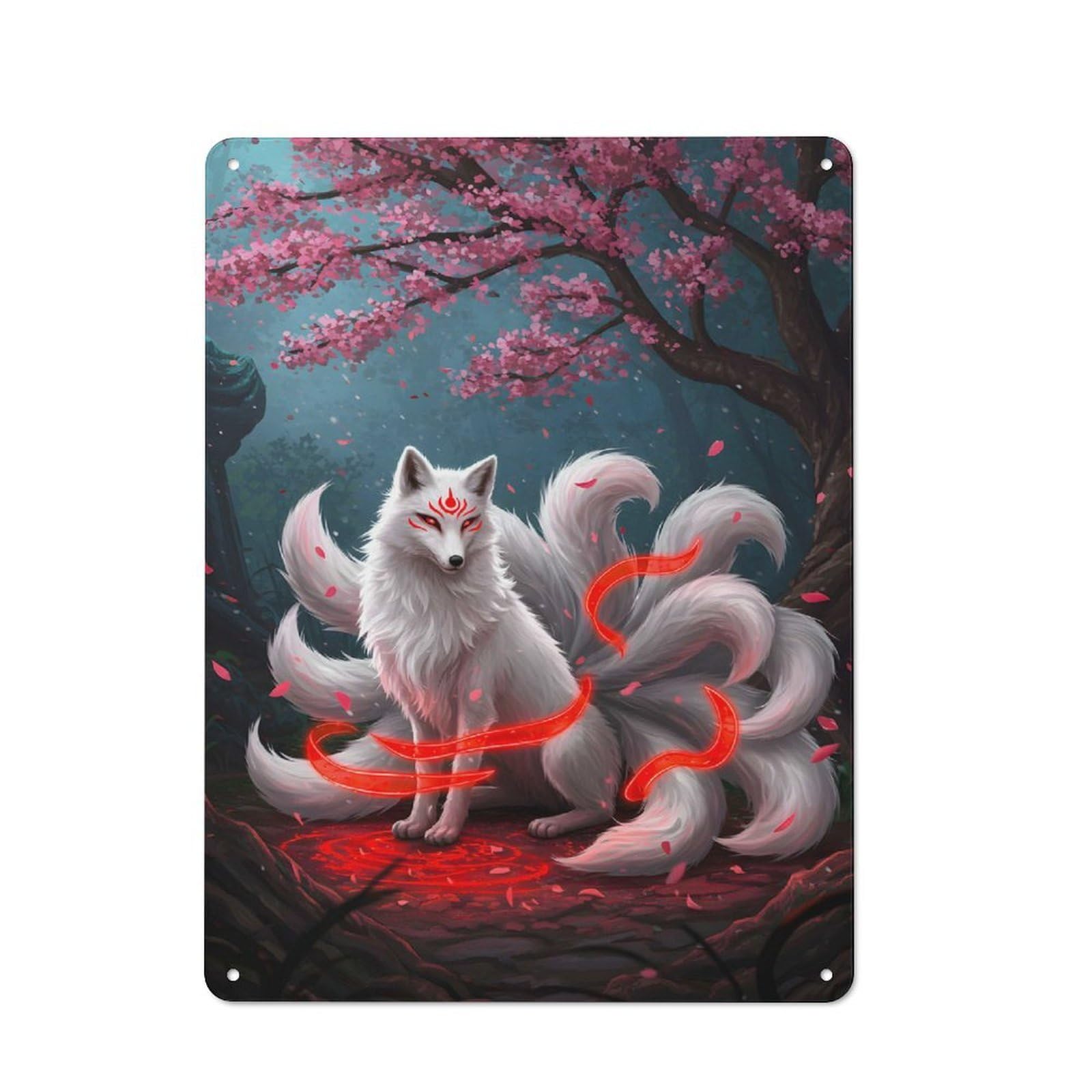 Junmoney Style-14 Everyday White Kitsune Fox Metal Gift Sign 40X30cm, Room Wall Plaque For Home, Shop, Pub Or Studio Wall