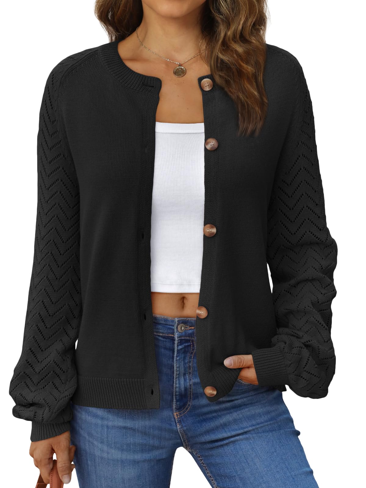 LILLUSORY Womens Hollowed-Out Crochet Cardigan Sweaters Soft Knit Lightweight Slightly Cropped Sweater