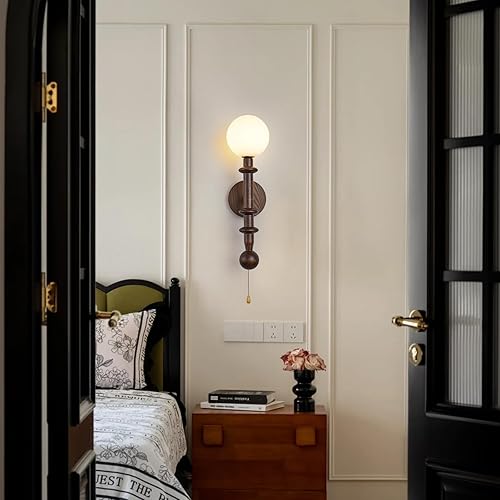 Miniatura 7 de Aplique de pared de madera, aplique de pared de globo industrial, moderna lámpara de pared de tocador de dormitorio con pantalla de vidrio de globo