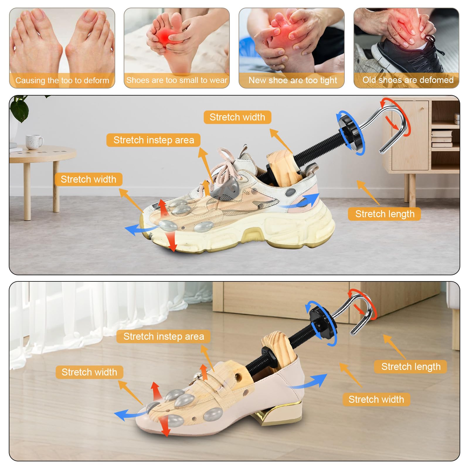 eachway Schuhspanner aus Holz, für Herren und Damen, hochwertiger 4-Wege-Schuhspanner für breite Füße
