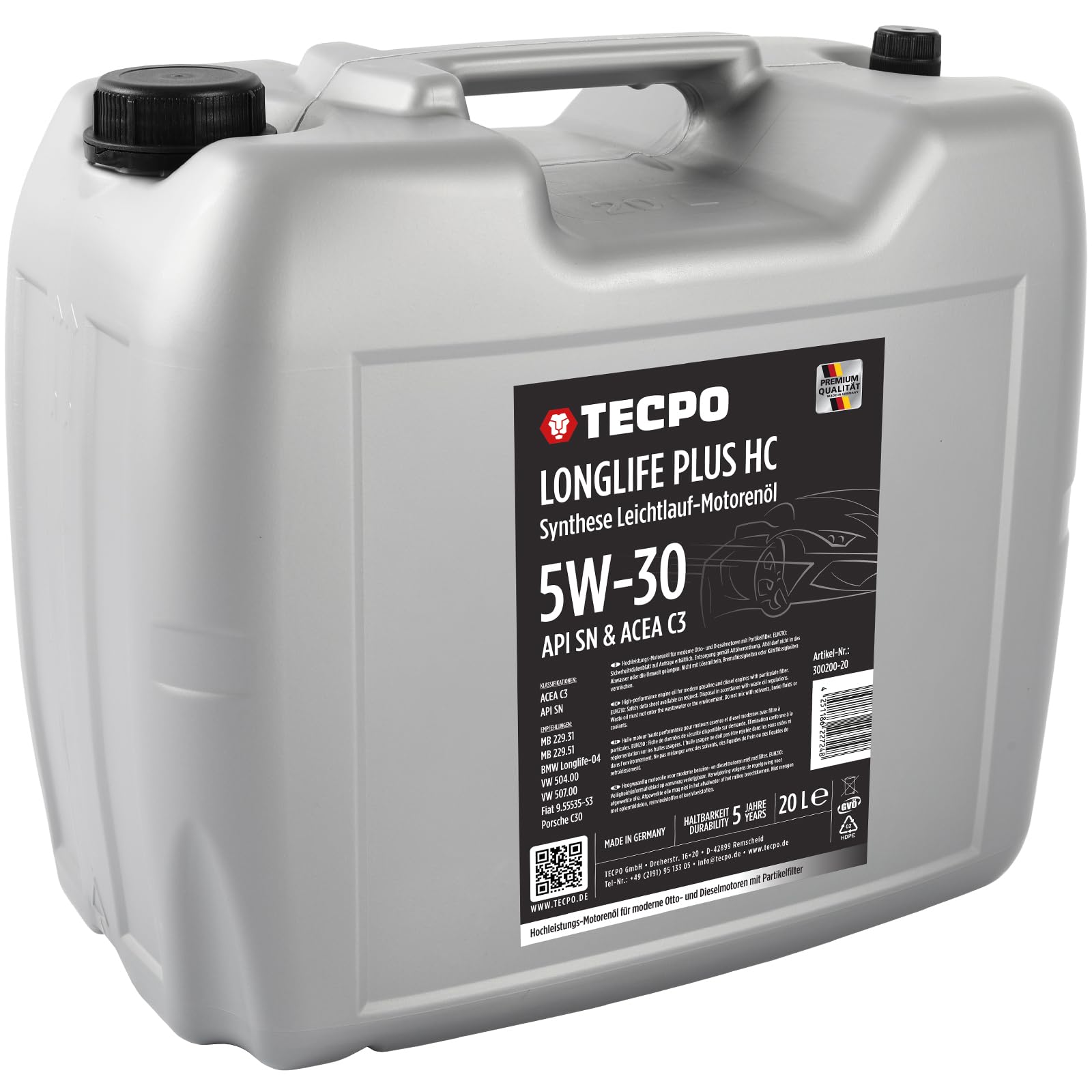 TECPO Motoröl 20 Liter 5W-30 LONGLIFE Plus HC Synthese passend für ACEA C3 / API SN / 504/507 / 229.31/229.51 / LL-04 / C30