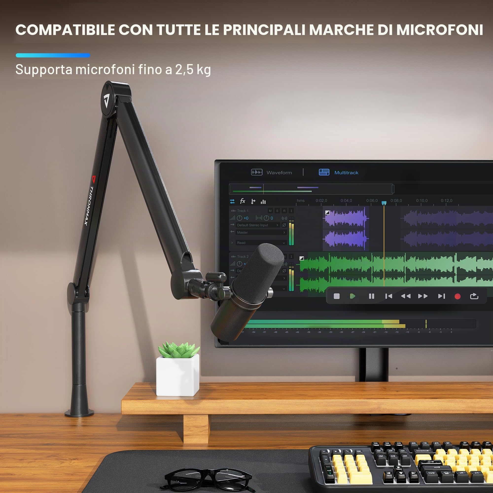 Thronmax Twin-S8 Braccio boom Microfono, Supporto per microfono a forbice regolabile a 360° con cavo integrato in Metallo robusto per Blu Yeti, Universale da 1/4"，3/8" a 5/8"(Nero)