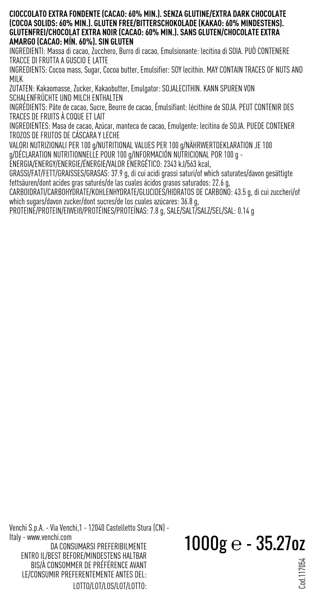 Venchi Blend Puro 60% en Bolsa a Granel, 1 kg - Chocolate Negro de África y América Central - Sin Gluten