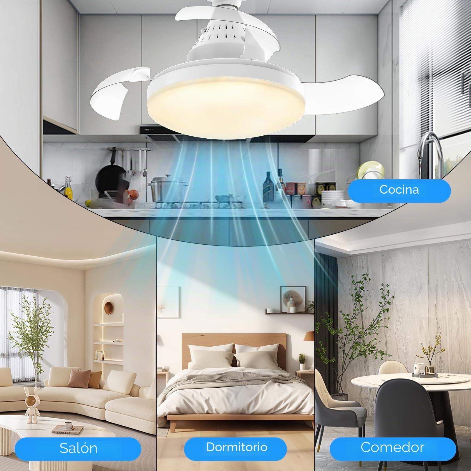 Ventilador de techo de 40 cm con luz E27 a distancia, 3 aspas invisibles, 4 velocidades, 3 temperaturas de color 3000-6500 K, funcionamiento silencioso, 30 W 2400 lm para dormitorio, salón cocina