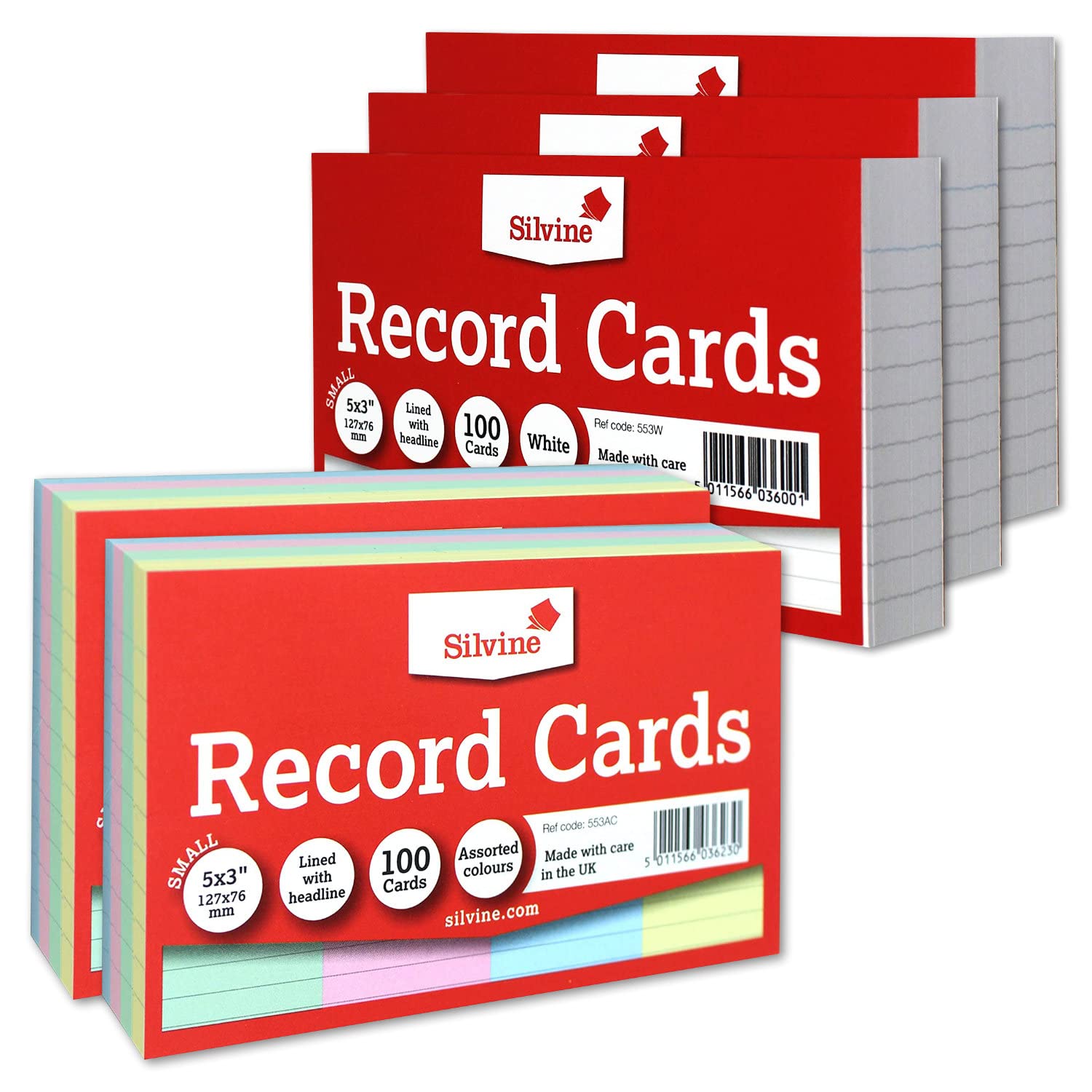 Silvine Record Cards 5x3” Coloured and White Lined with Headline Bulk Mixed Pack of 500 | 2 x 100 Coloured and 3 x 100 White – Size Small 127 x 76mm EAP-53CWL-500