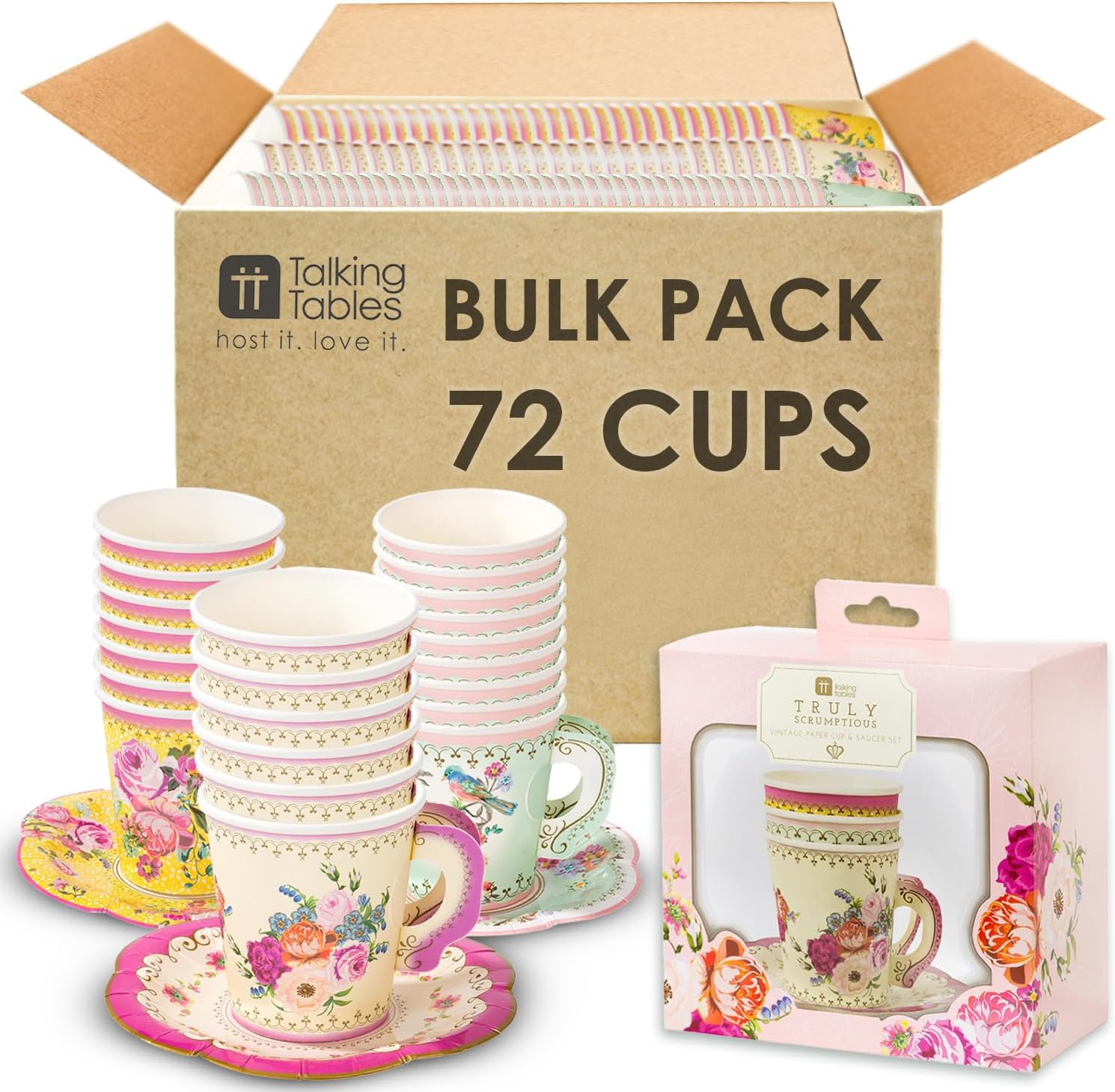 Talking Tables 72 x Pretty Disposable Floral Tea Cups and Saucer Set, Truly Scrumptious Table Decorations Afternoon Tea Party Supplies For Mother’s Day Wedding, Birthday, Baby Shower Height 3"