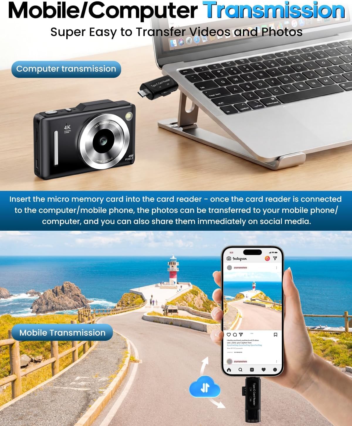 Fotocamera digitale 4K per bambini, 48 MP, autofocus, vlogging, con scheda da 32 GB, zoom 16x, anti-shake, fotocamera compatta per adolescenti e principianti, regalo di compleanno, colore nero
