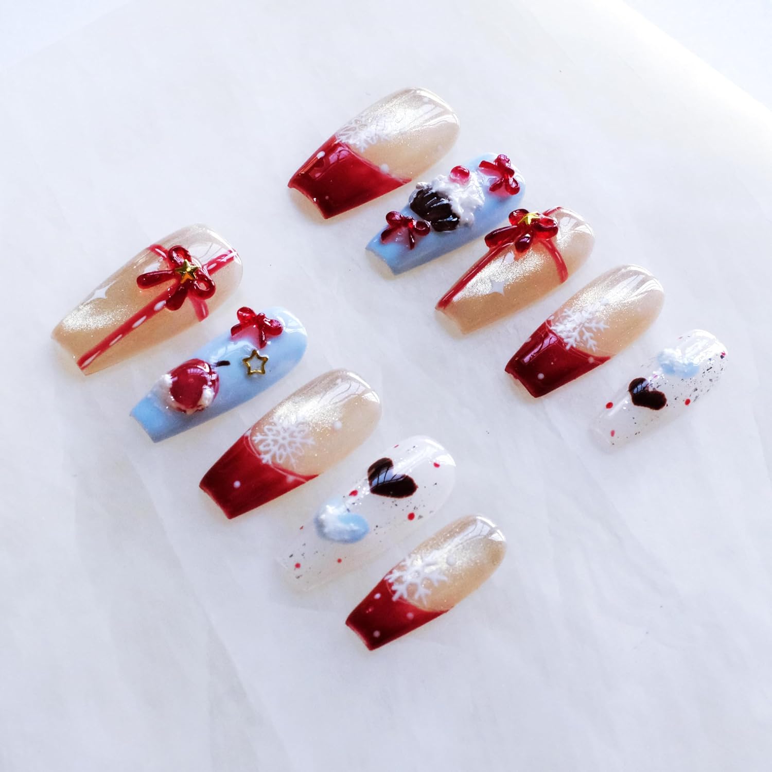 Christmas Press-On Nails, Medium Length Ballerina Shape, Red Cat Eye Apple Design with 3D Bows, 10 Pieces (Medium, MB)