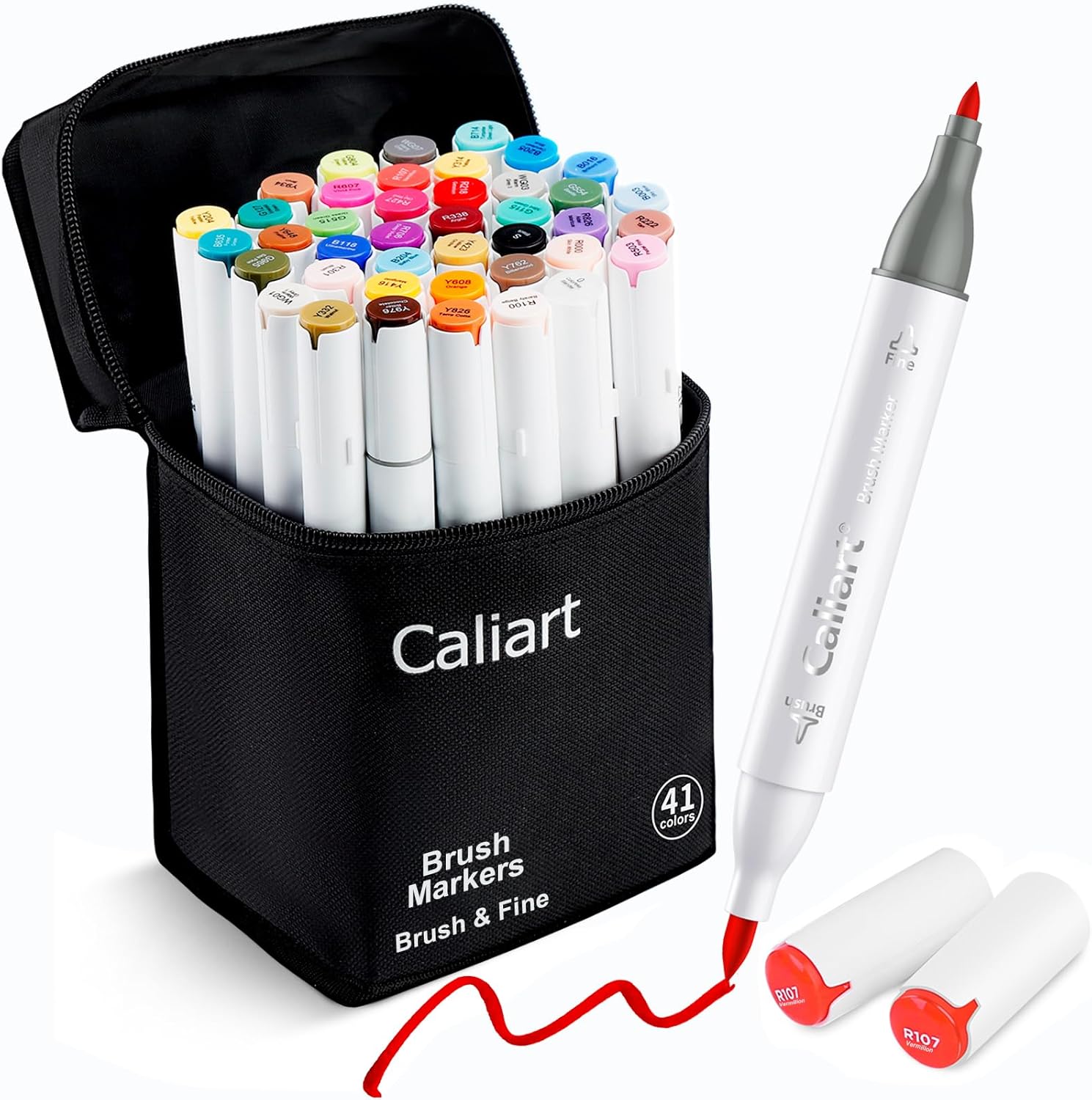 Caliart Art Markers, 41 Colors Alcohol Marker Pen Set Dual Tip Brush & Fine Permanent for Coloring Highlighters Anime Illustration Card Making Underlining Drawing Gifts