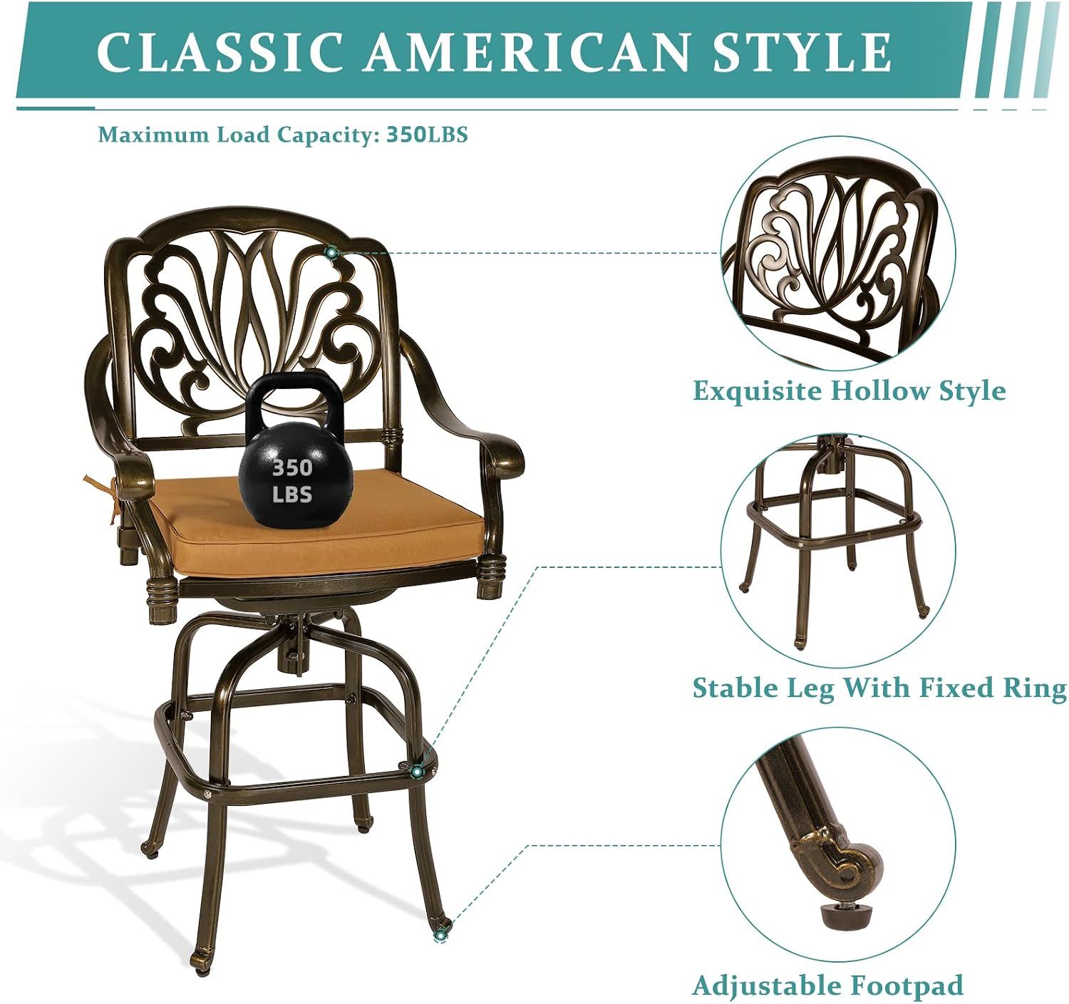 MEETWARM 3-Piece Patio Swivel Bar Set, All-Weather Cast Aluminum Outdoor High Bar Stool Bistro Set for Backyard Garden Deck with 2 Cushions Bar Chairs with Footrest and 31" Bar Table, 2" Umbrella Hole