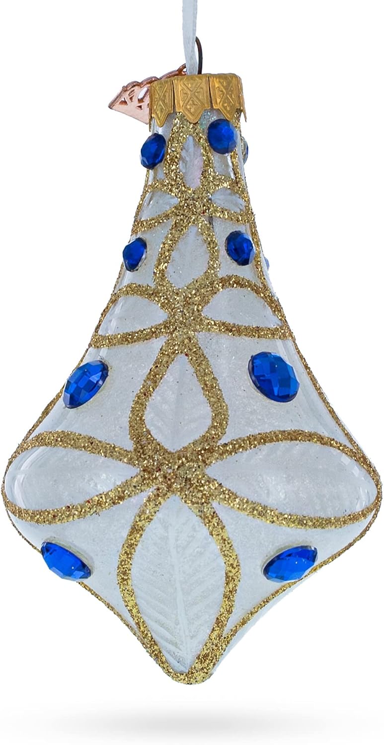 Blue Jewels on Clear Glass Bell Finial Christmas Ornament - Image 6