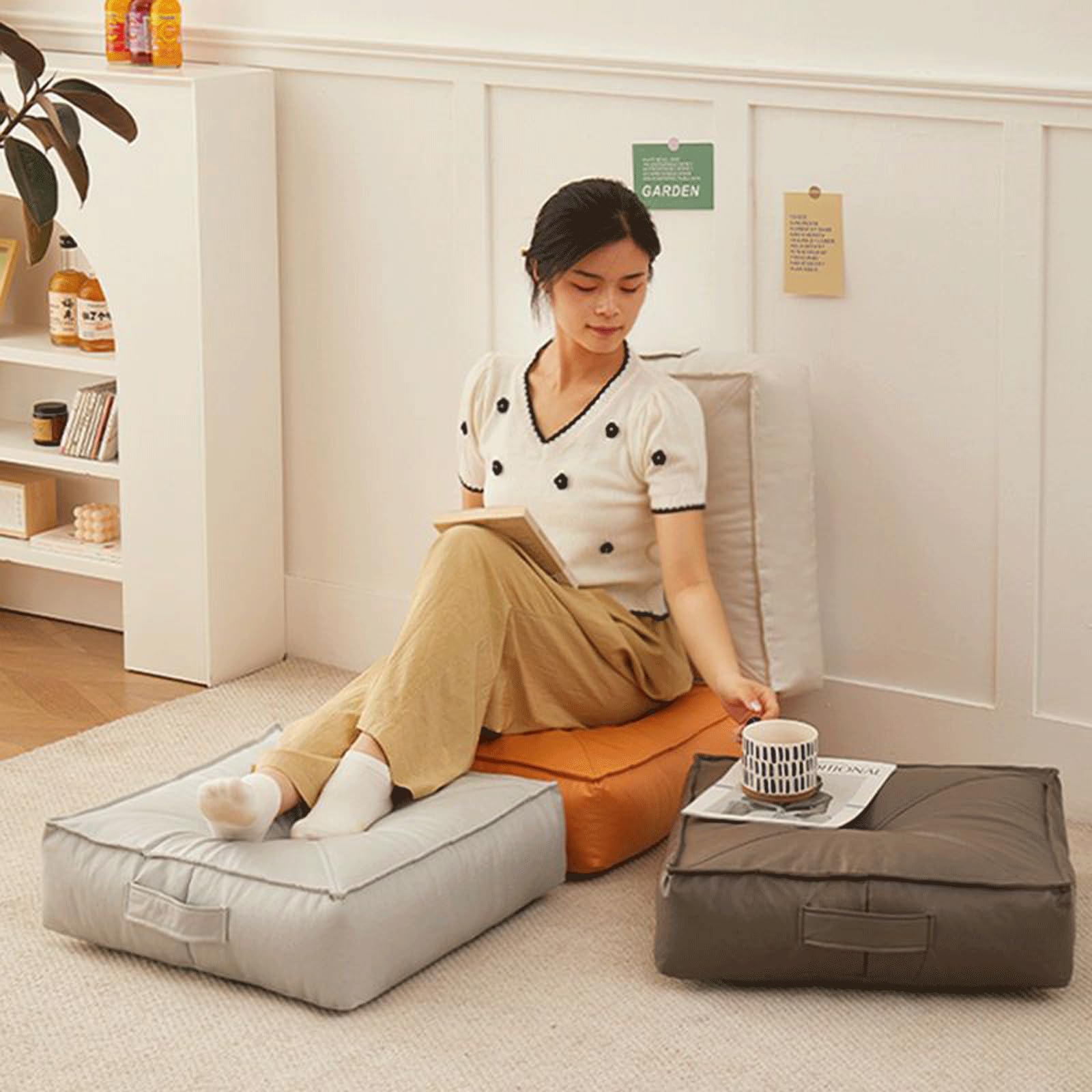 Japanisches Bodenkissen, quadratisches Sitzkissen, Kunstleder, MTAT-Kissen für Yoga, Wohnzimmer, Schlafzimmer, tragbares, wasserdichtes Bodenkissen (Kaffee, 60 x 60 x 15 cm)