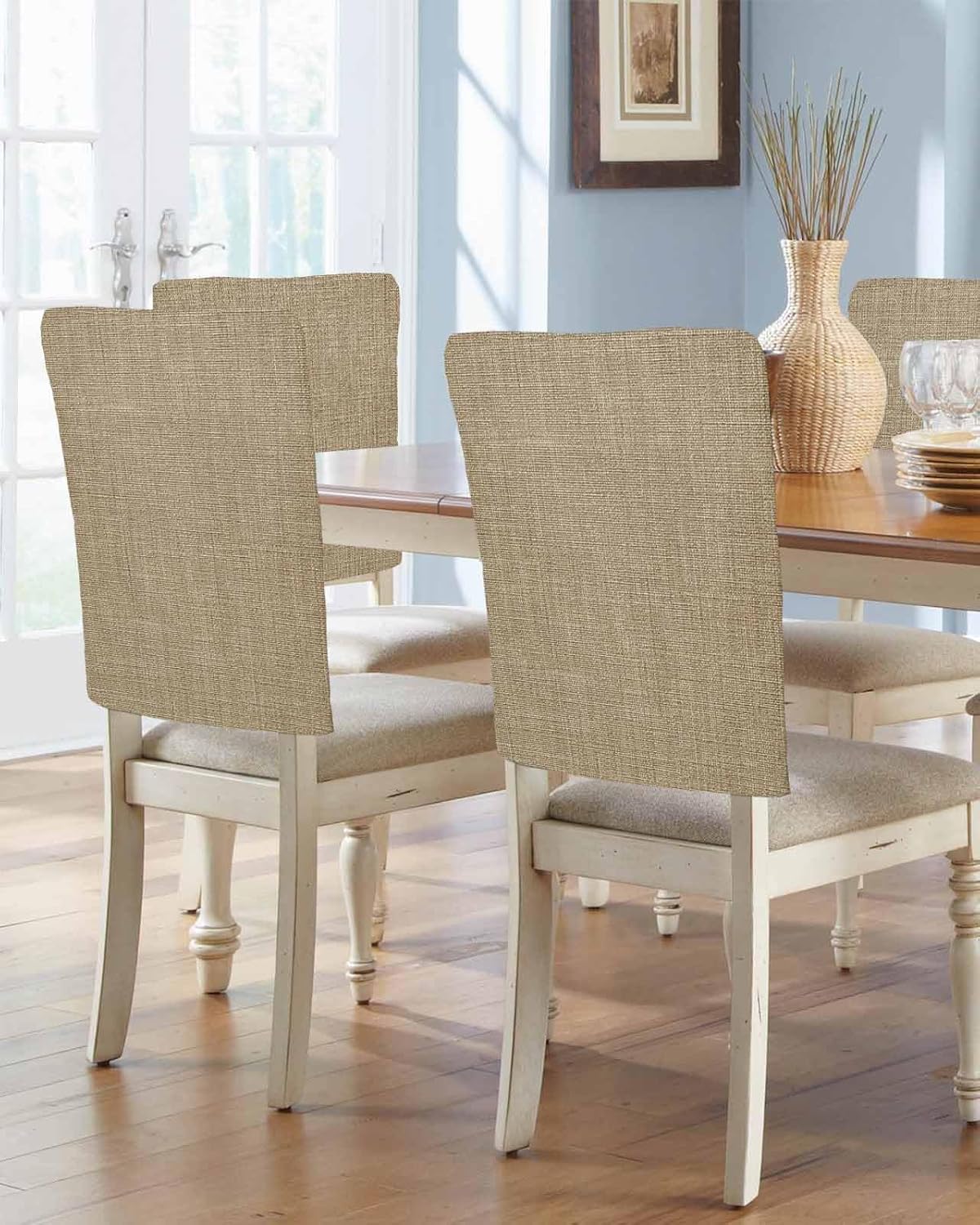 Beige Chair Back Covers Set of 4, Solid Brown Color Burlap Removable Washable Chair Covers for Dining Chairs, Modern Farmhouse Decorative Dining Room Chairs Cover for Party Home Hotel Wedding