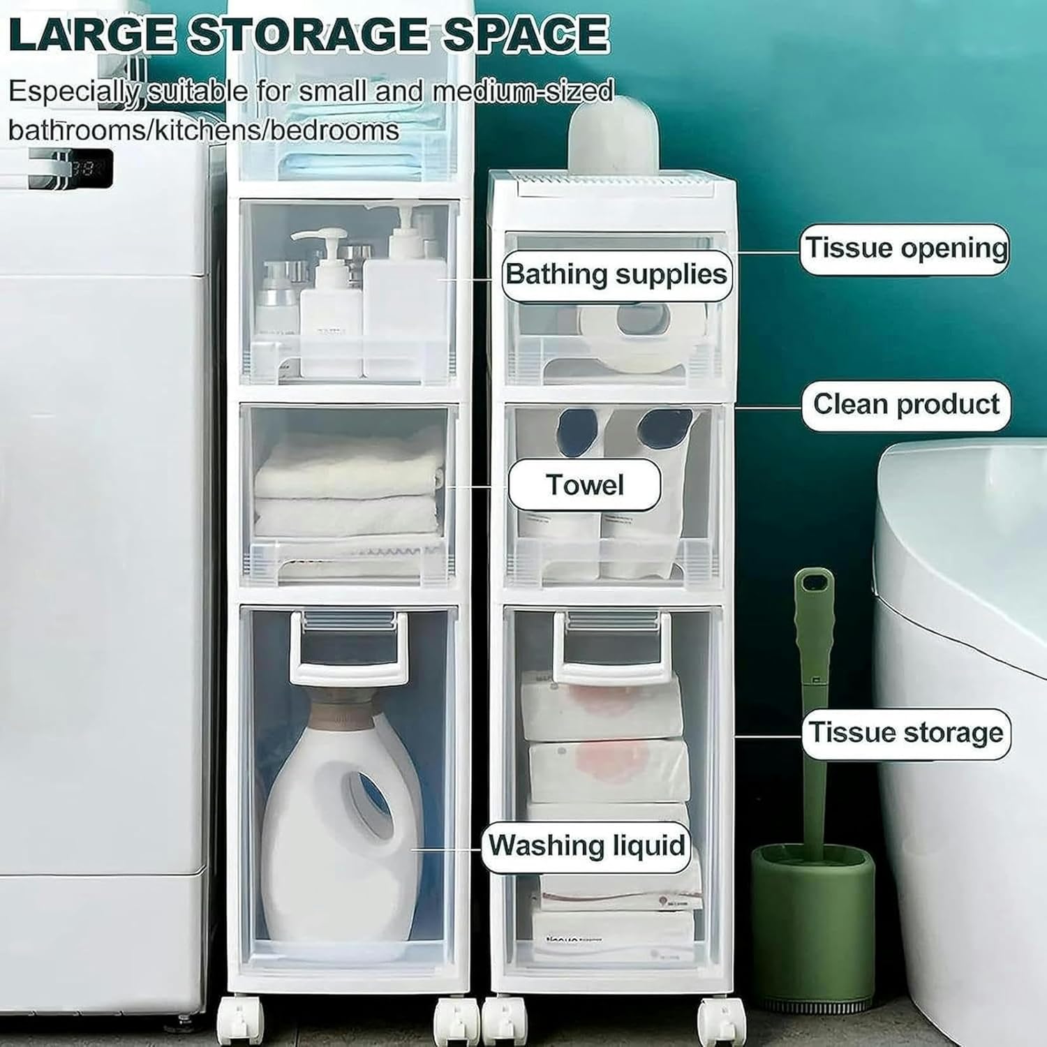 XENITE Narrow Slim Bathroom Floor Cabinet, Skinny Toilet Paper Storage Cabinet with 4 Plastic Drawers and Casters Large Capacity Vertical Storage Unit for Bathroom, Small Spaces, Gaps