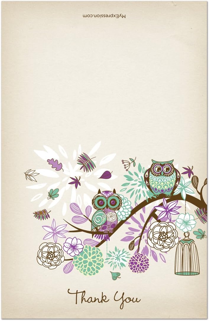 MyExpression.com 50 Cnt Owls Floral Branch Thank You Cards (Purple Rustic)