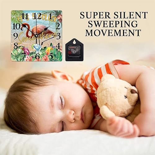 Miniatura 3 de Reloj de pared de madera con texto en inglés "It's Five O'clock Somewhere Flamingo with Big Numbers", reloj de pared cuadrado, estilo estético,