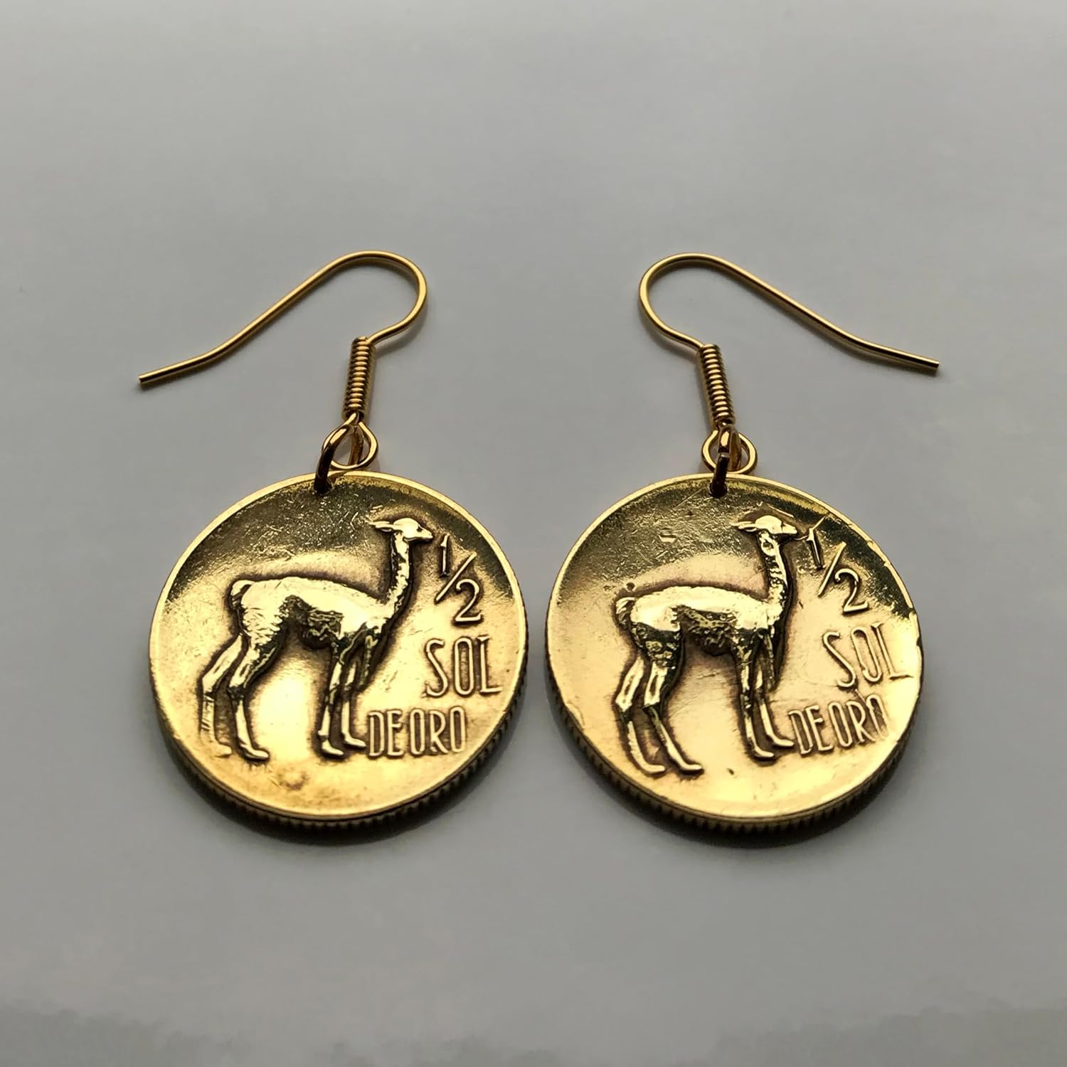 Peru 1/2 Sol coin earrings Peruvian llama alpaca vicuña Cuzco Machu Picchu Quechua Arequipa Trujillo Ollantaytambo Cajamarca Lambayeque Sacsayhuamán Caral Iquitos Nazca Huaraz Lima Inca e000055