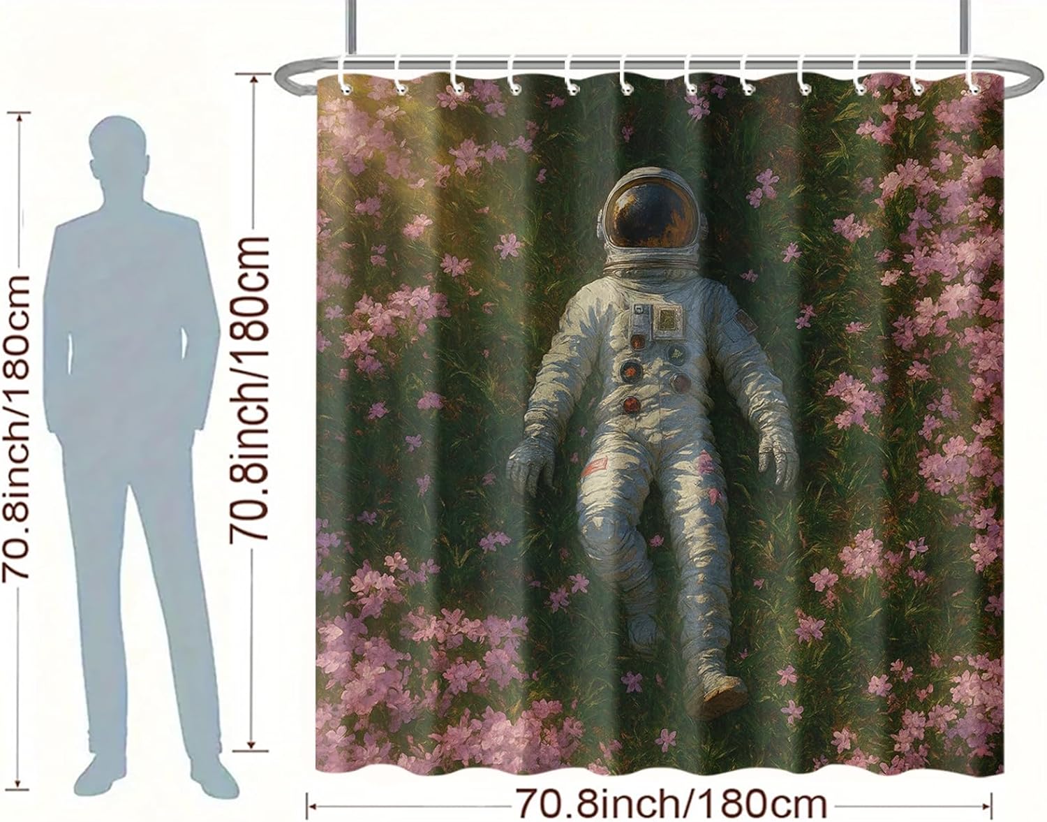 Astronaut Shower Curtain 72x72 Inch with Hooks Surreal Space Explorer in Flower Field Design Fabric Bathroom Decor with Pink Blossoms and Grass for Dreamers Sci Fi Fans Bathtub