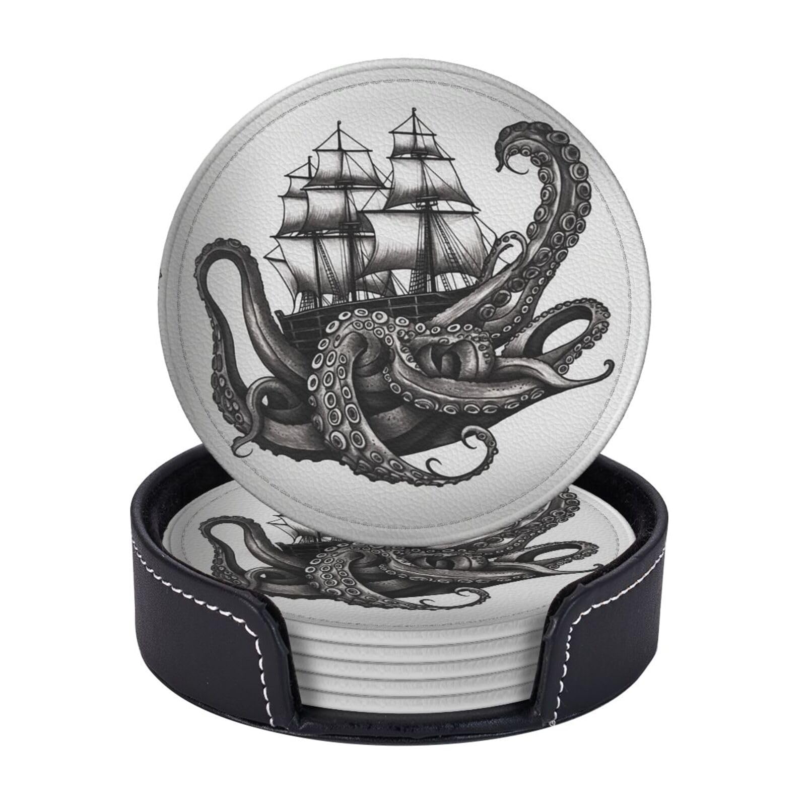 Round Coasters for Drinks Set of 6 - PU Leather Coasters with Holder - Modern Drink Coasters for Coffee Table - Black and White Octopus and Ship Coaster for Tabletop Protection 4" Cup Mat Pad