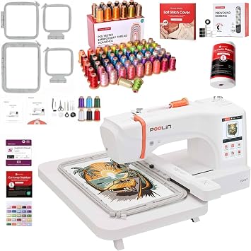 Poolin EOC07 Embroidery Machine 7.9x15 Inches Area +80 Colors Embroidery Threads+144pcs Prewound Bobbins+12x50 Yards Cut Away Stabilizer+50 pcs Soft Stich Cover for Embroidery Small Business